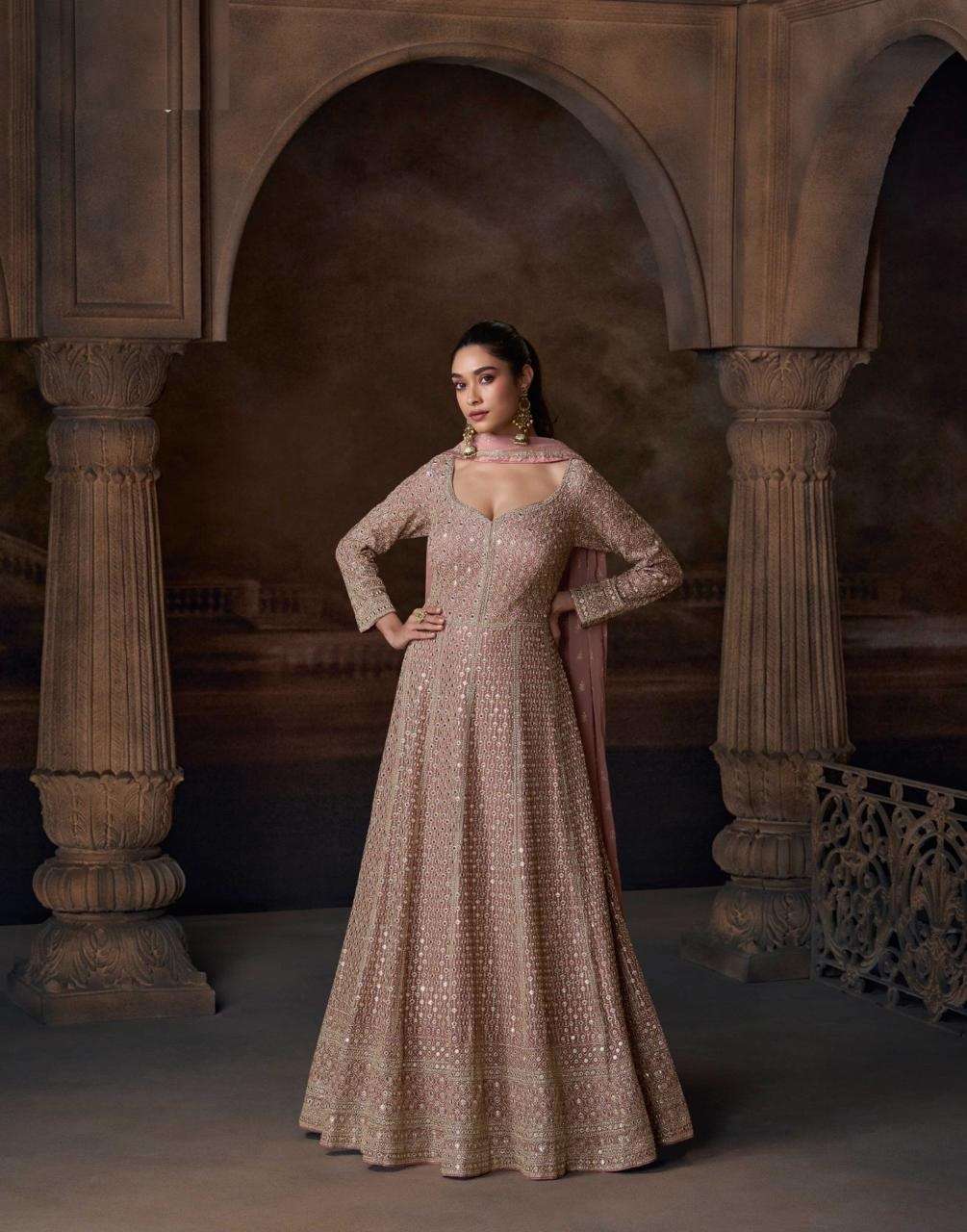 DESIGNER WEDDING PARTY WEAR REAL CHINON PEACH PINK ANARKALI SALWAR SUIT GOWN SY AVNI 5784