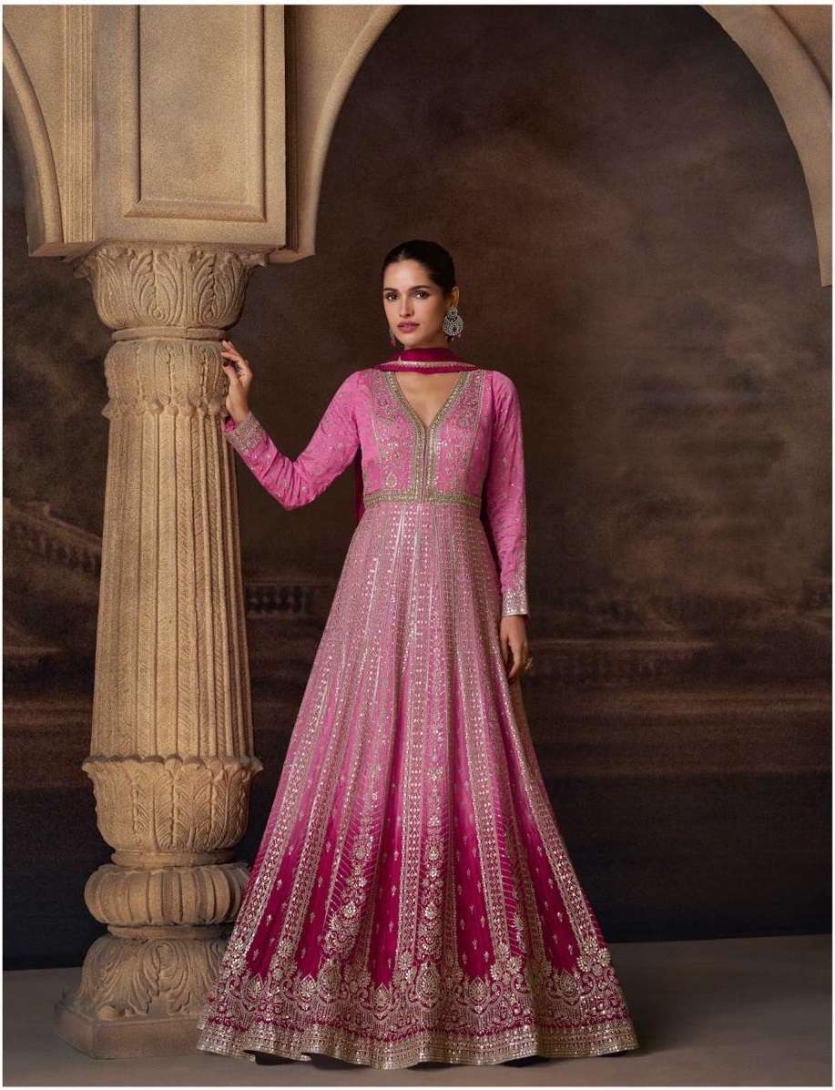 DESIGNER WEDDING PARTY WEAR REAL CHINON PINK ANARKALI SALWAR SUIT GOWN SY AVNI 5786