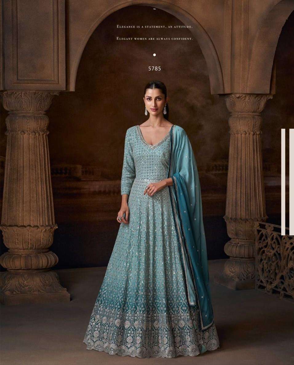 DESIGNER WEDDING PARTY WEAR REAL CHINON SKY BLUE ANARKALI SALWAR SUIT GOWN SY AVNI 5785