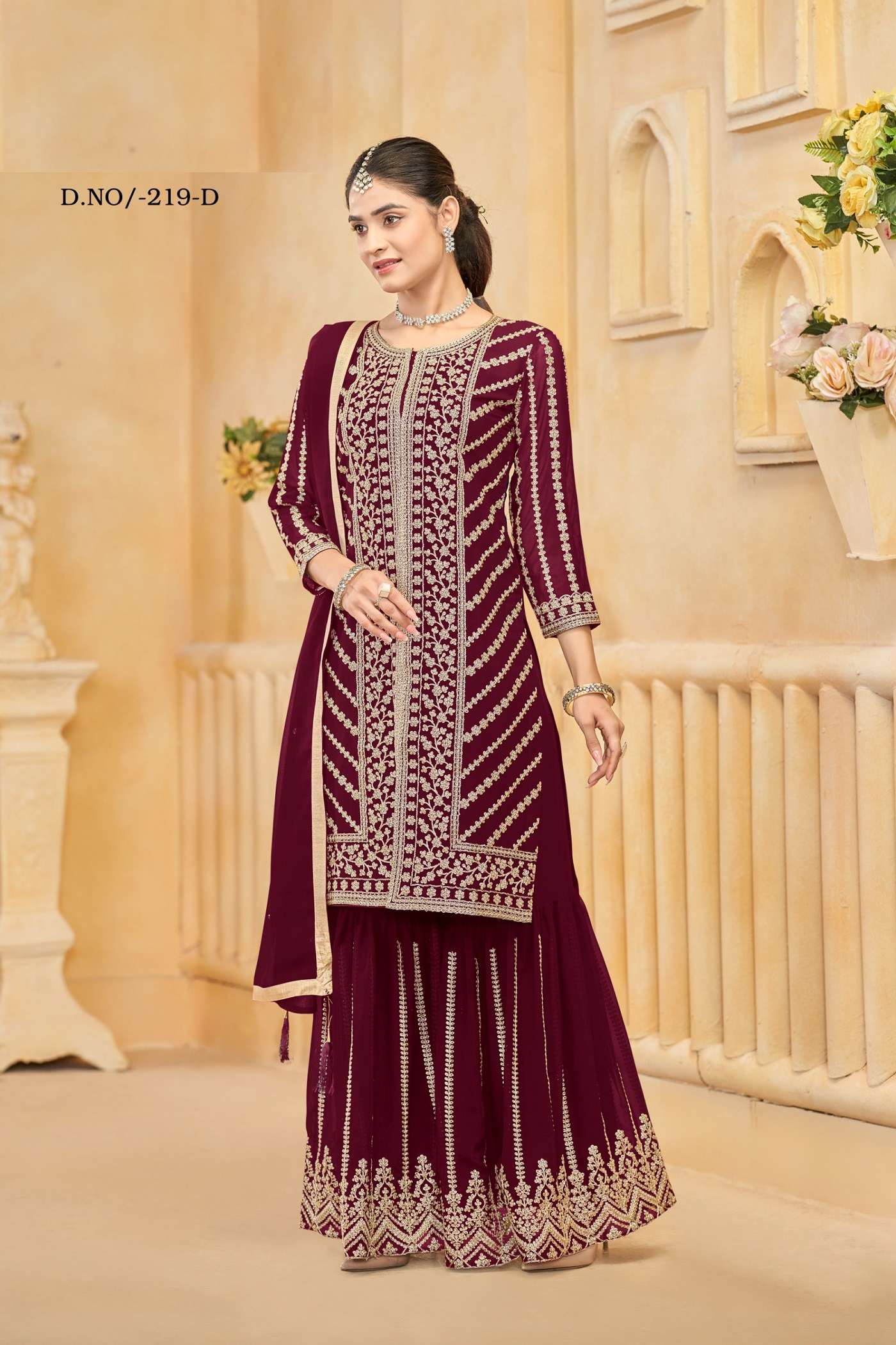 DESIGNER WEDDING PARTY WEAR RED GEORGETTE SHARARA SALWAR SUIT ANY 219 D