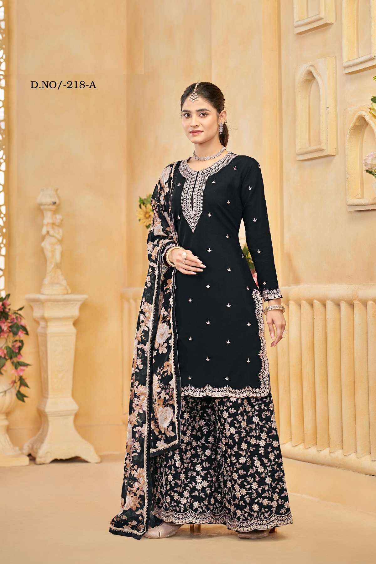 DESIGNER WEDDING PARTY WEAR ROMAN SILK BLACK SHARARA SALWAR SUIT ANY 218 A