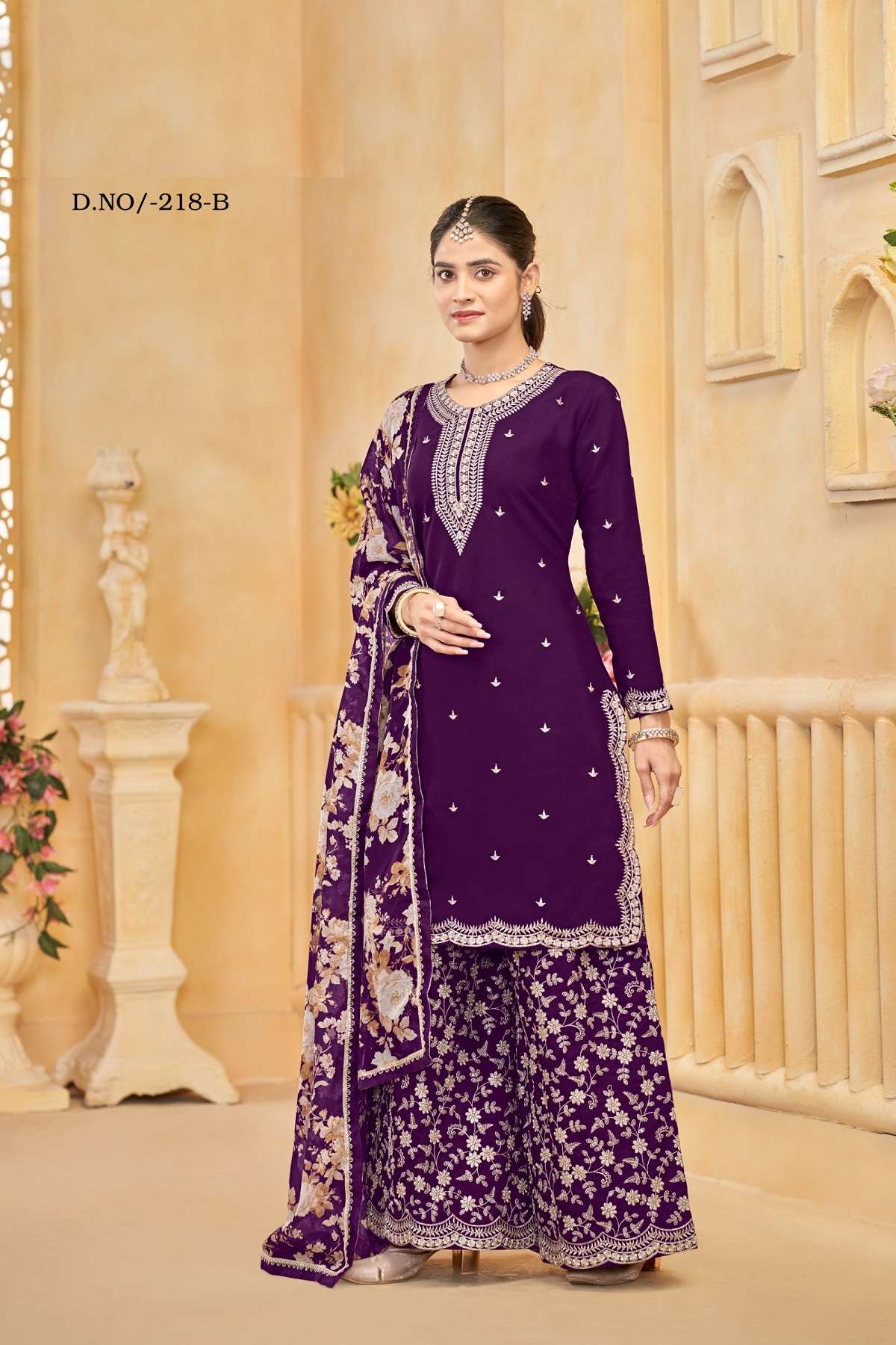 DESIGNER WEDDING PARTY WEAR ROMAN SILK PURPLE SHARARA SALWAR SUIT ANY 218 B