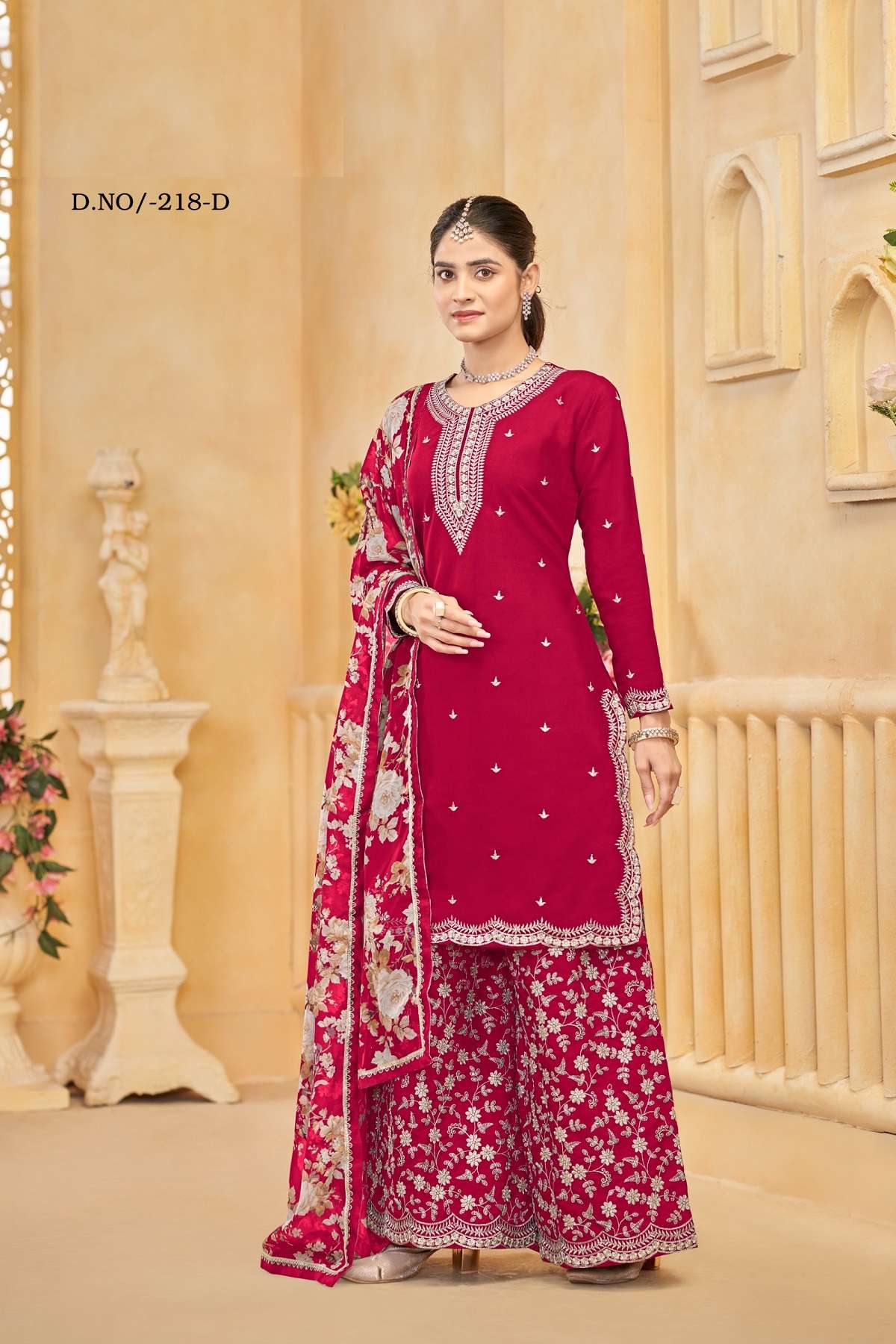 DESIGNER WEDDING PARTY WEAR ROMAN SILK RED SHARARA SALWAR SUIT ANY 218 D