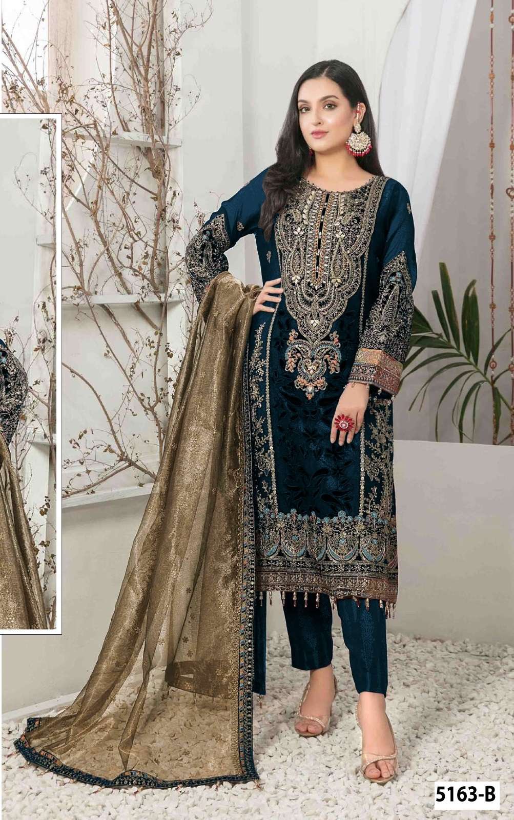 DESIGNER WEDDING PARTY WEAR STRAIGHT BLUE PAKISTANI VELVET SALWAR SUIT JG 5163 B