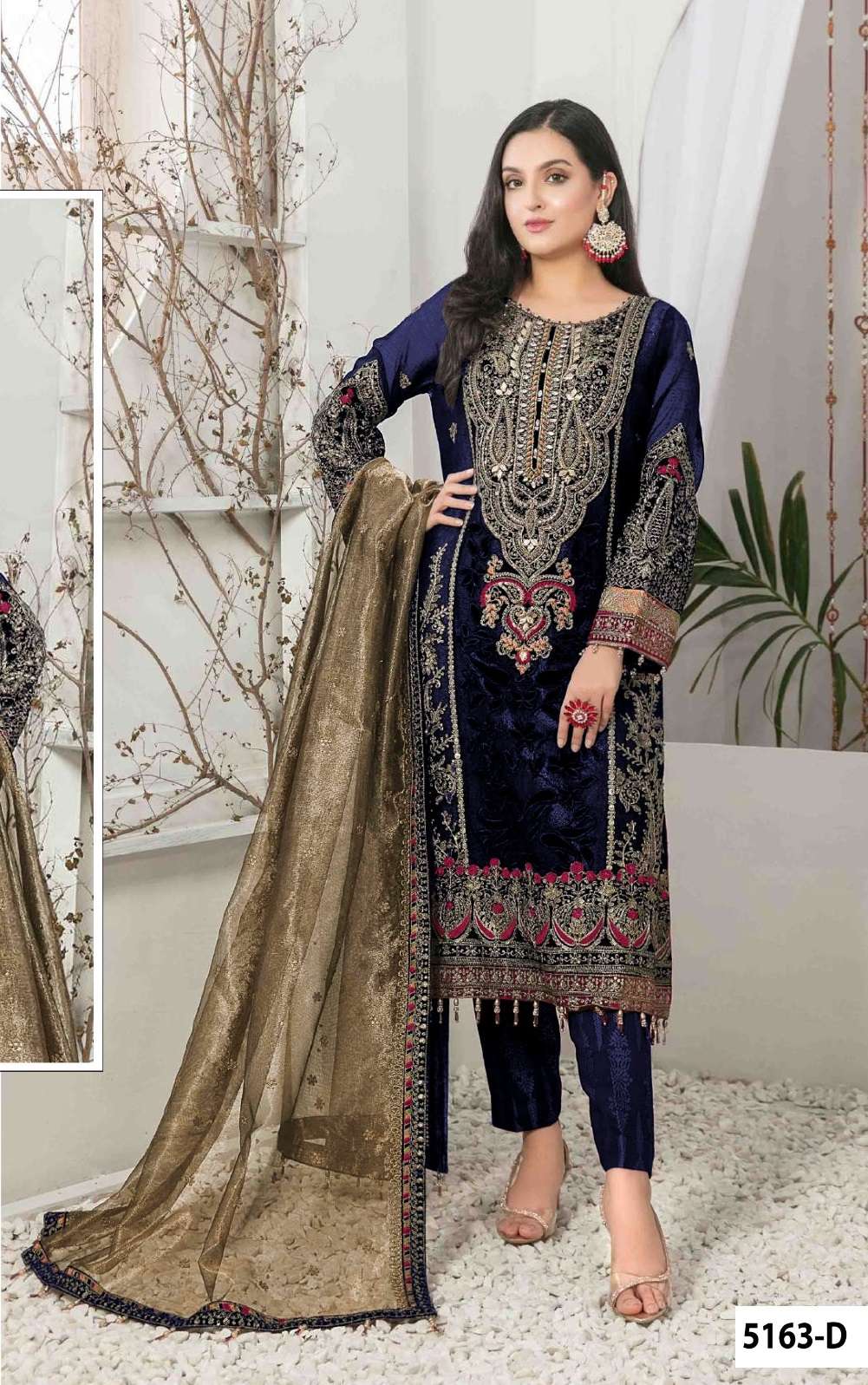 DESIGNER WEDDING PARTY WEAR STRAIGHT BLUE PAKISTANI VELVET SALWAR SUIT JG 5163 D