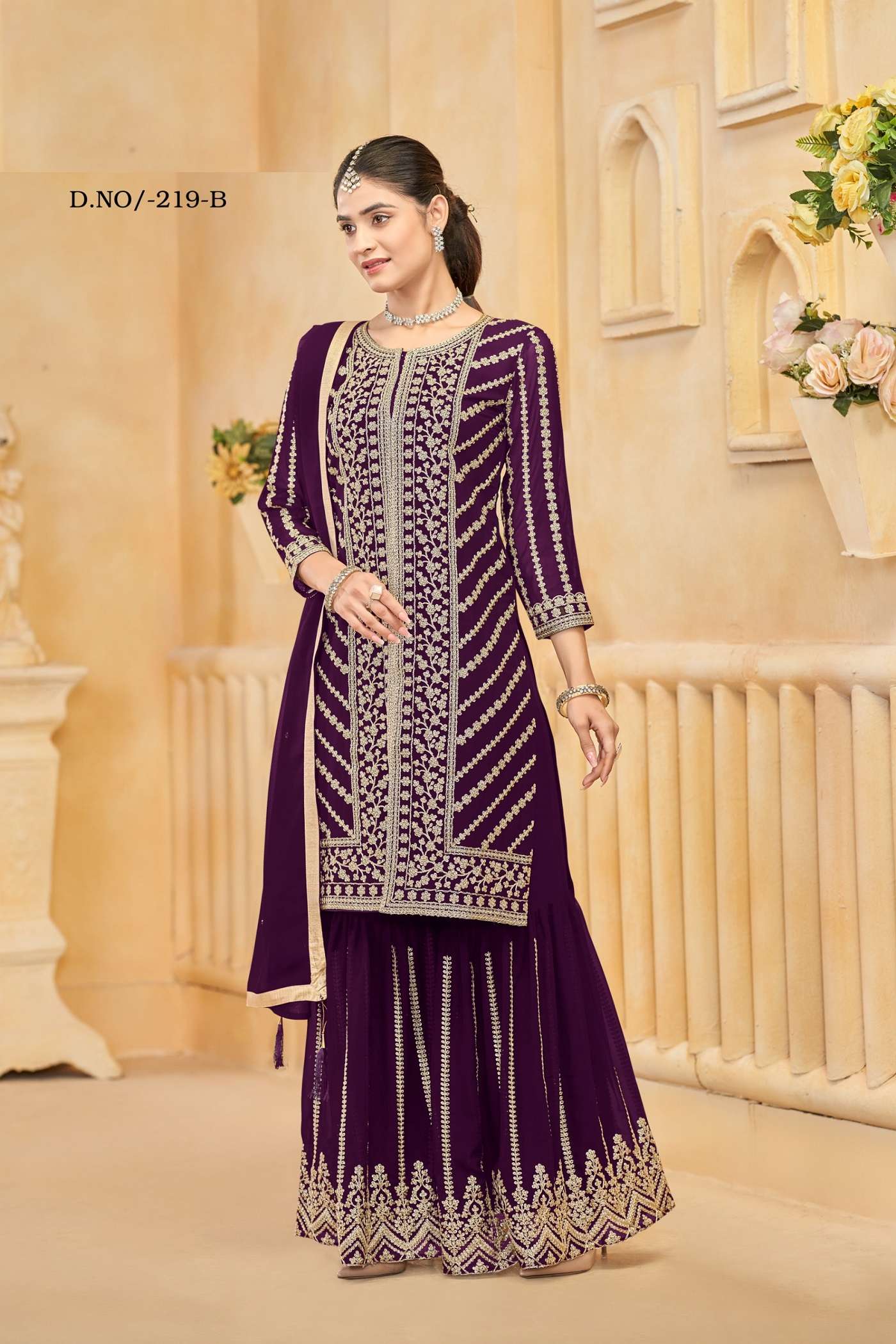 DESIGNER WEDDING PARTY WEAR WINE GEORGETTE SHARARA SALWAR SUIT ANY 219 E