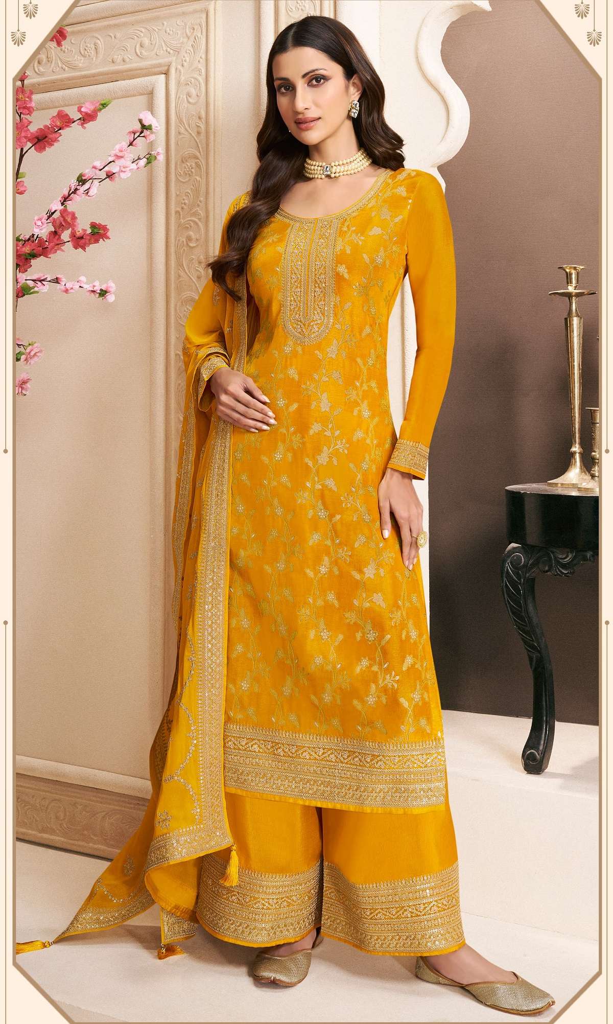 DESIGNER WEDDING PARTY WEAR YELLOW SILK SHARARA SALWAR SUIT NVN VNY KHANAK 73774