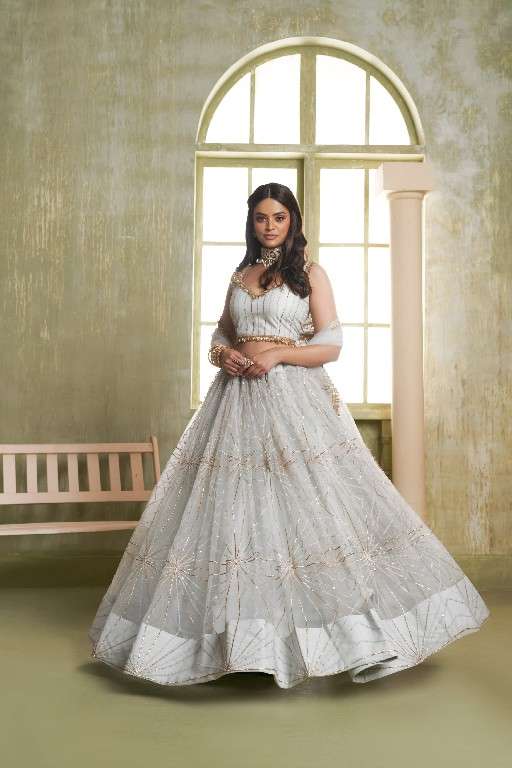 INDIAN DESIGNER BOLLYWOOD WEDDING PARTY WEAR NET LIGHT GREY LEHENGA ZC VAMIKA CHOLI DST NARAYANI 7007