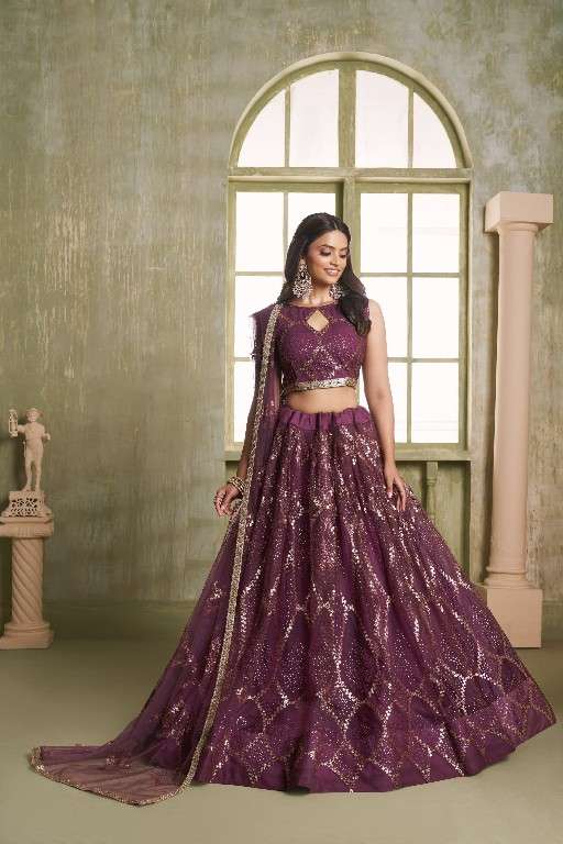 INDIAN DESIGNER BOLLYWOOD WEDDING PARTY WEAR NET WINE LEHENGA ZC VAMIKA CHOLI DST NARAYANI 7006