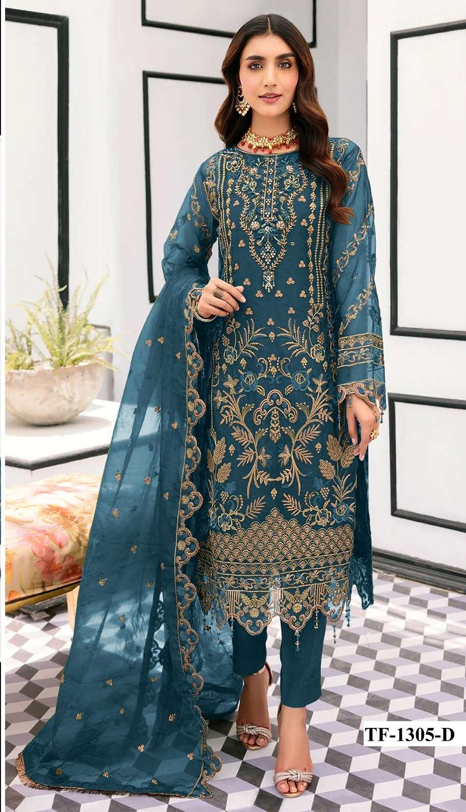 PAKISTANI DESIGNER FANCY WEDDING PARTY WEAR BLUE ORGANZA STRAIGHT SALWAR SUIT CPR 1305 D