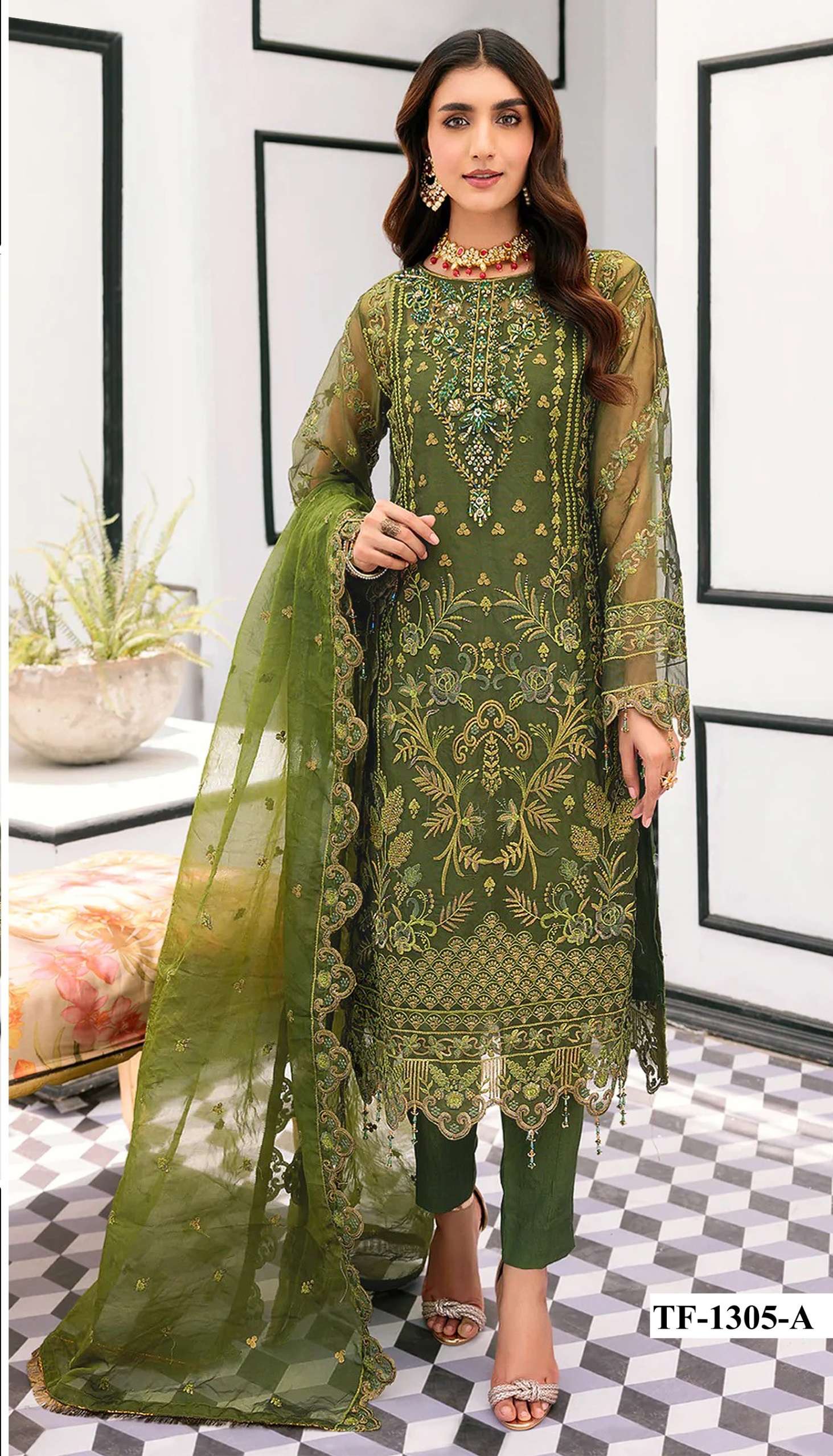 PAKISTANI DESIGNER FANCY WEDDING PARTY WEAR GREEN ORGANZA STRAIGHT SALWAR SUIT CPR 1305 A