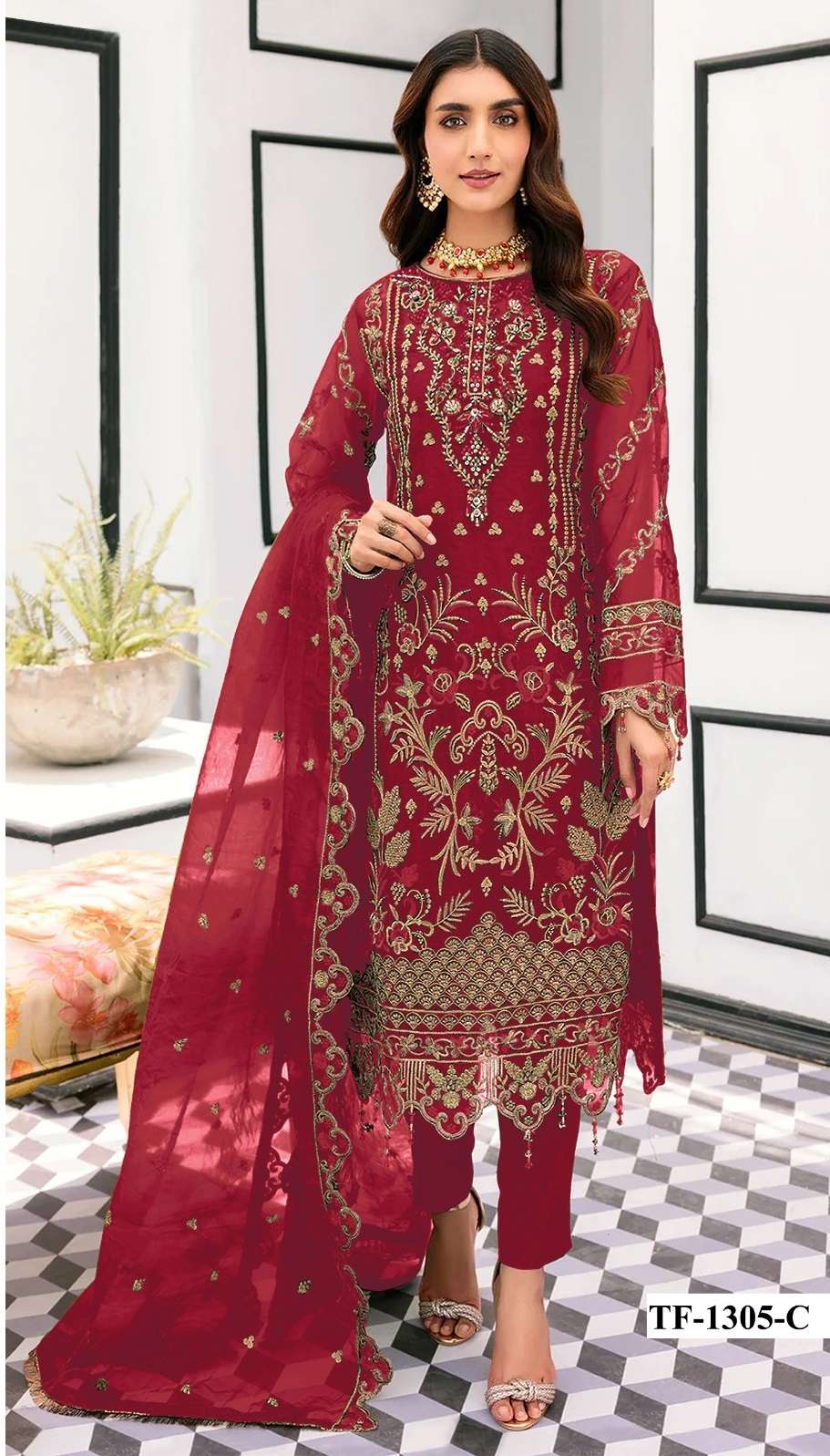 PAKISTANI DESIGNER FANCY WEDDING PARTY WEAR RED ORGANZA STRAIGHT SALWAR SUIT CPR 1305 C