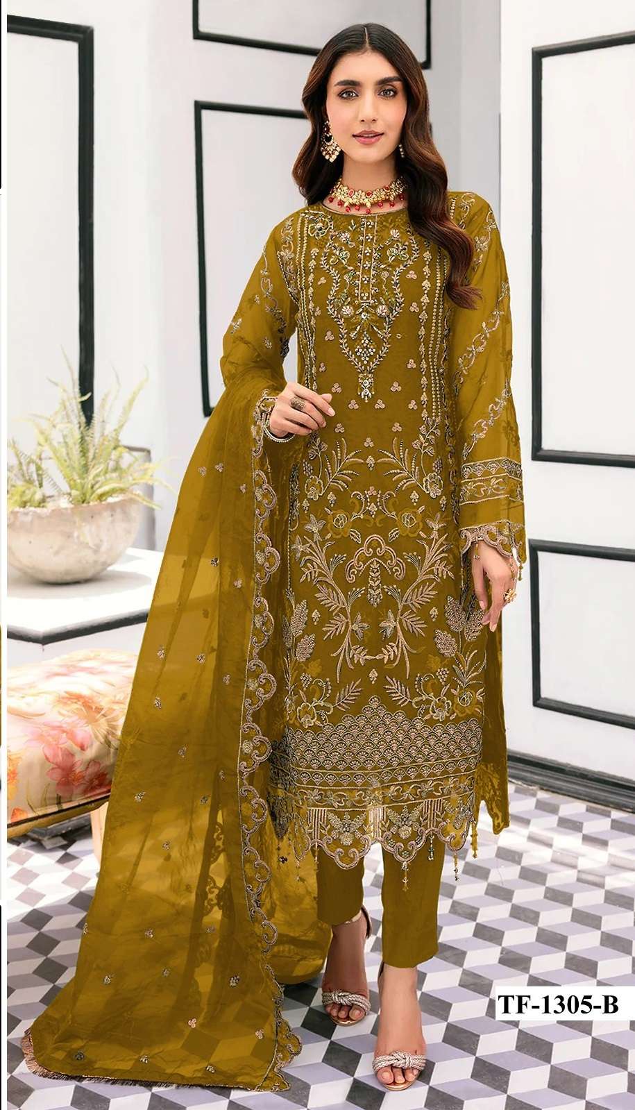 PAKISTANI DESIGNER FANCY WEDDING PARTY WEAR YELLOW ORGANZA STRAIGHT SALWAR SUIT CPR 1305 B