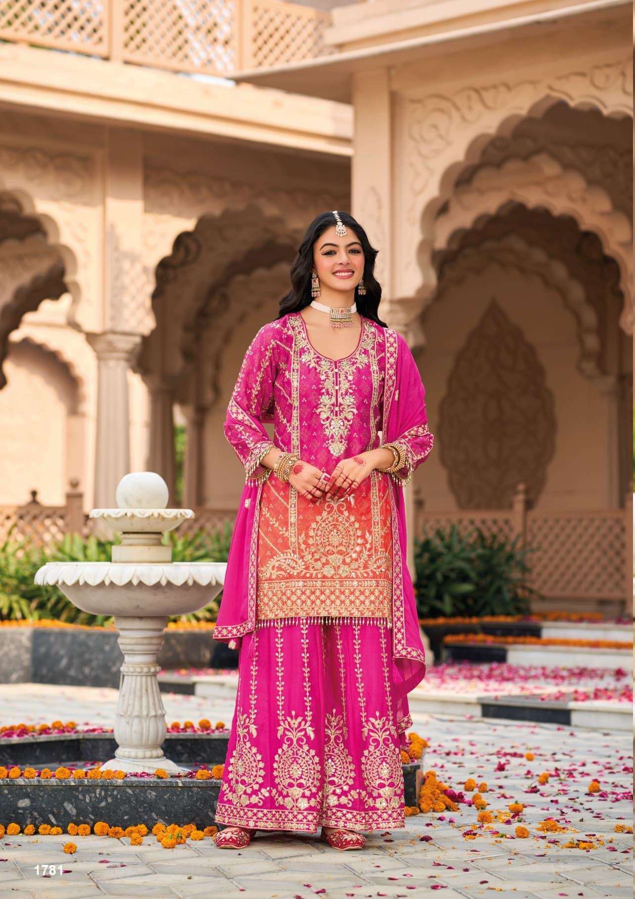 INDIAN DESIGNER FANCY WEDDING PARTY WEAR CHINON RANI PINK SHARARA SALWAR SUIT RH RANGEEN 1781