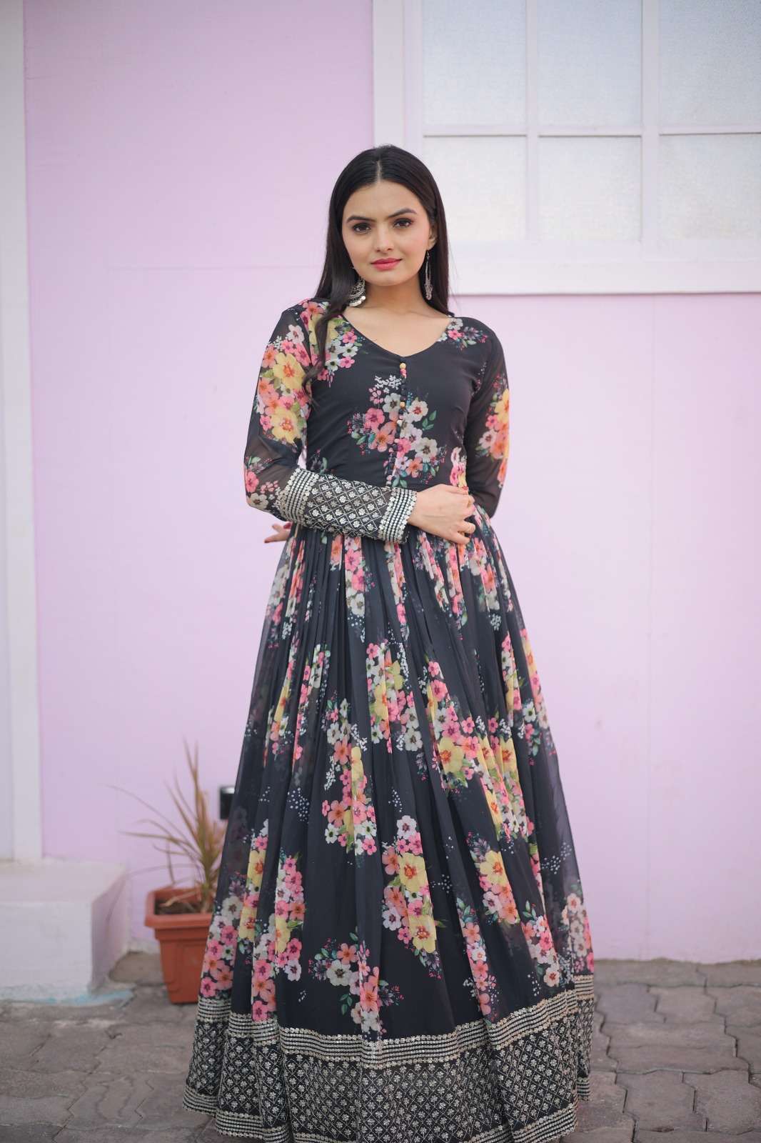 DESIGNER BLACK READYMADE PRINTED ANARKALI GOWN IN FAUX GEORGETTE FABRIC ZARI SEQUENCE WORK KU 1025 A