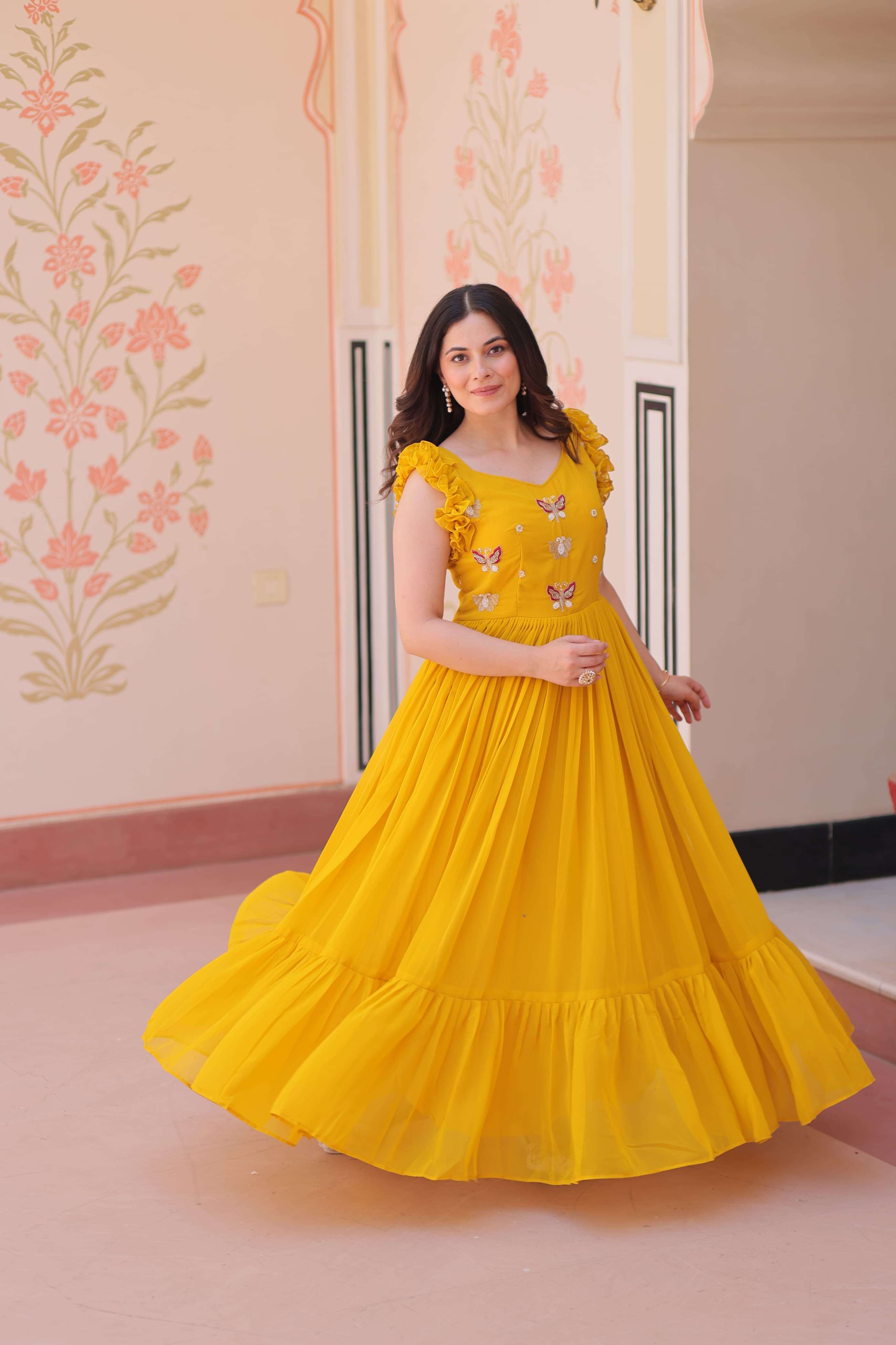 DESIGNER BLOOMING READYMADE YELLOW ANARKALI GOWN FOR WEDDING PARTY WEAR SALWAR SUIT 1174 A