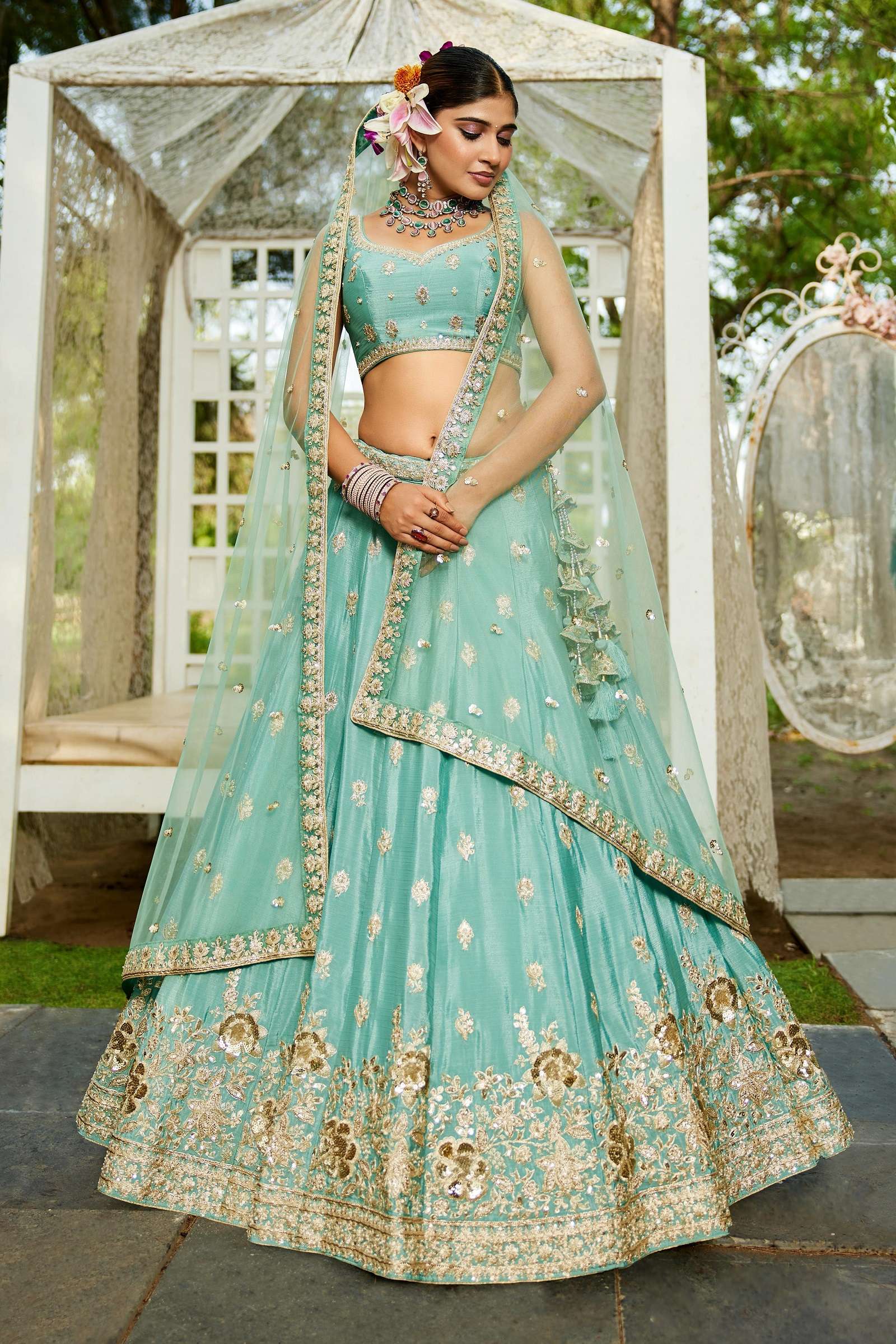 DESIGNER BOLLYWOOD BRIDAL WEDDING PARTY WEAR HAND WORK CHIFFON SKY BLUE LEHENGA CHOLI NT 6133 B