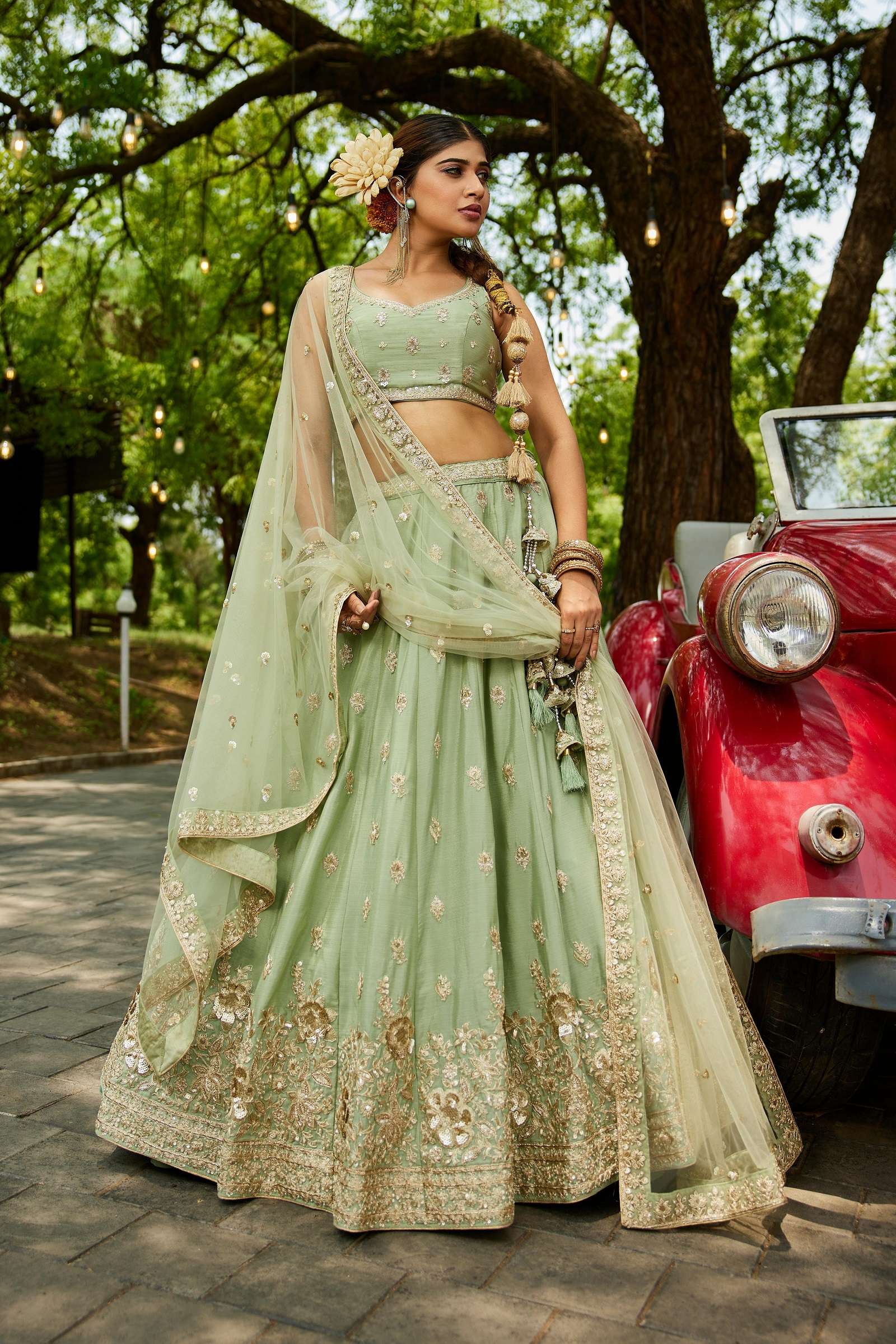 DESIGNER BOLLYWOOD BRIDAL WEDDING PARTY WEAR HAND WORK CHIFFON PISTA GREEN LEHENGA CHOLI NT 6133 C