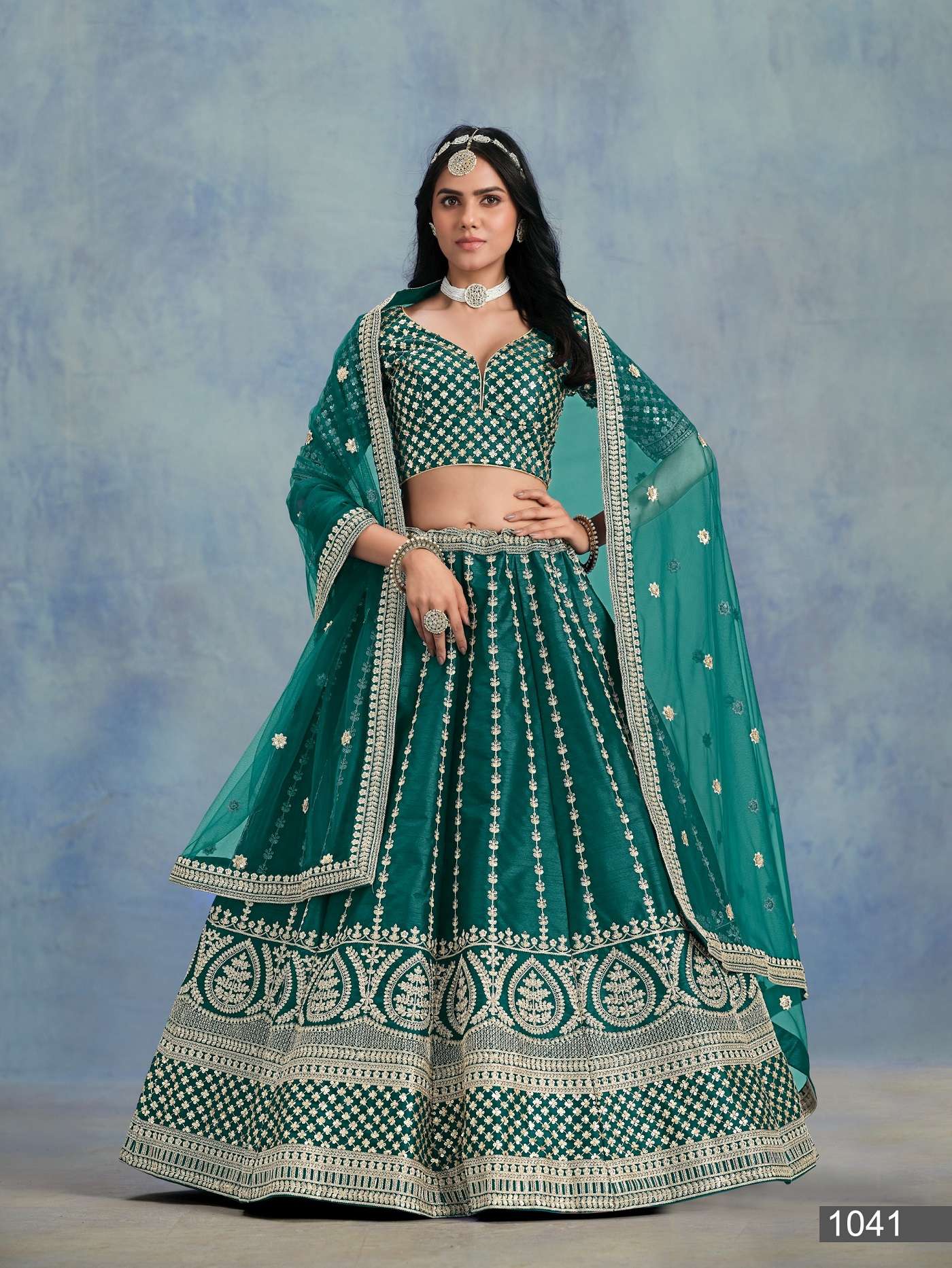 DESIGNER FANCY WEDDING PARTY WEAR ART SILK TEAL GREEN LEHENGA CHOLI ANY MEHVISH AAYNA 1041