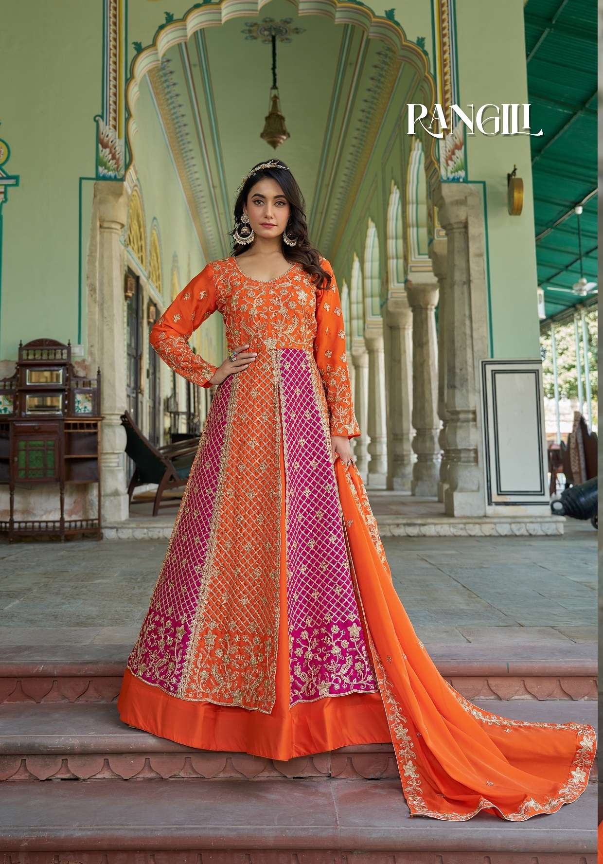 DESIGNER FANCY WEDDING PARTY WEAR CHINON READYMADE RANI ORANGE ANARKALI SALWAR SUIT RANGILI SENHORA DRESSES 3096
