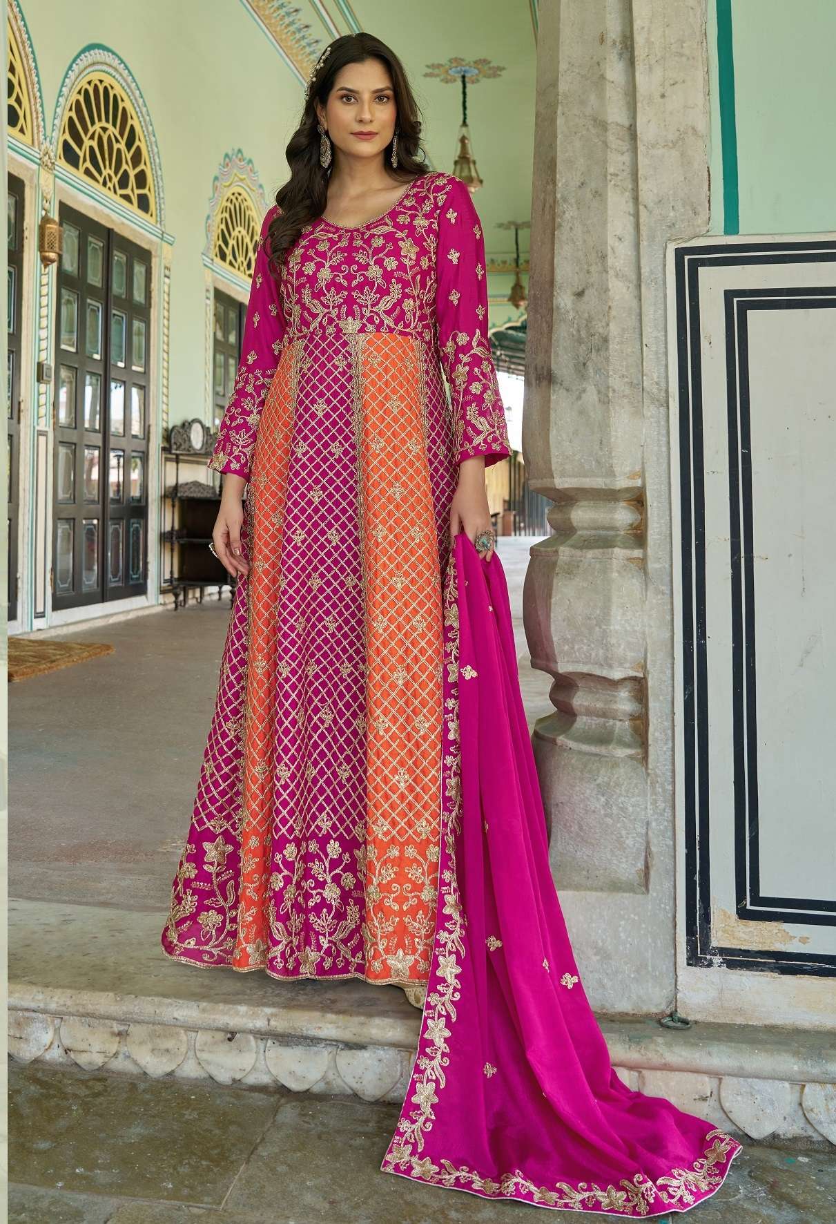 DESIGNER FANCY WEDDING PARTY WEAR CHINON READYMADE RANI ORANGE ANARKALI SALWAR SUIT RANGILI SENHORA DRESSES 3097