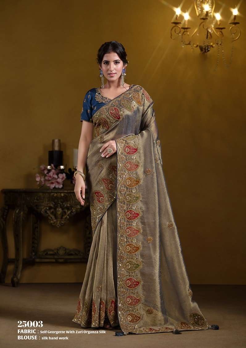 DESIGNER FANCY WEDDING PARTY WEAR ORGNAZA SILK GREY HEAVY SAREE WITH HEAVY HAND WORK NVN RAJASVI 25003