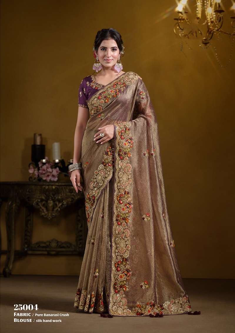 DESIGNER FANCY WEDDING PARTY WEAR ORGNAZA SILK HEAVY BROWN SAREE WITH HEAVY HAND WORK NVN RAJASVI 25004
