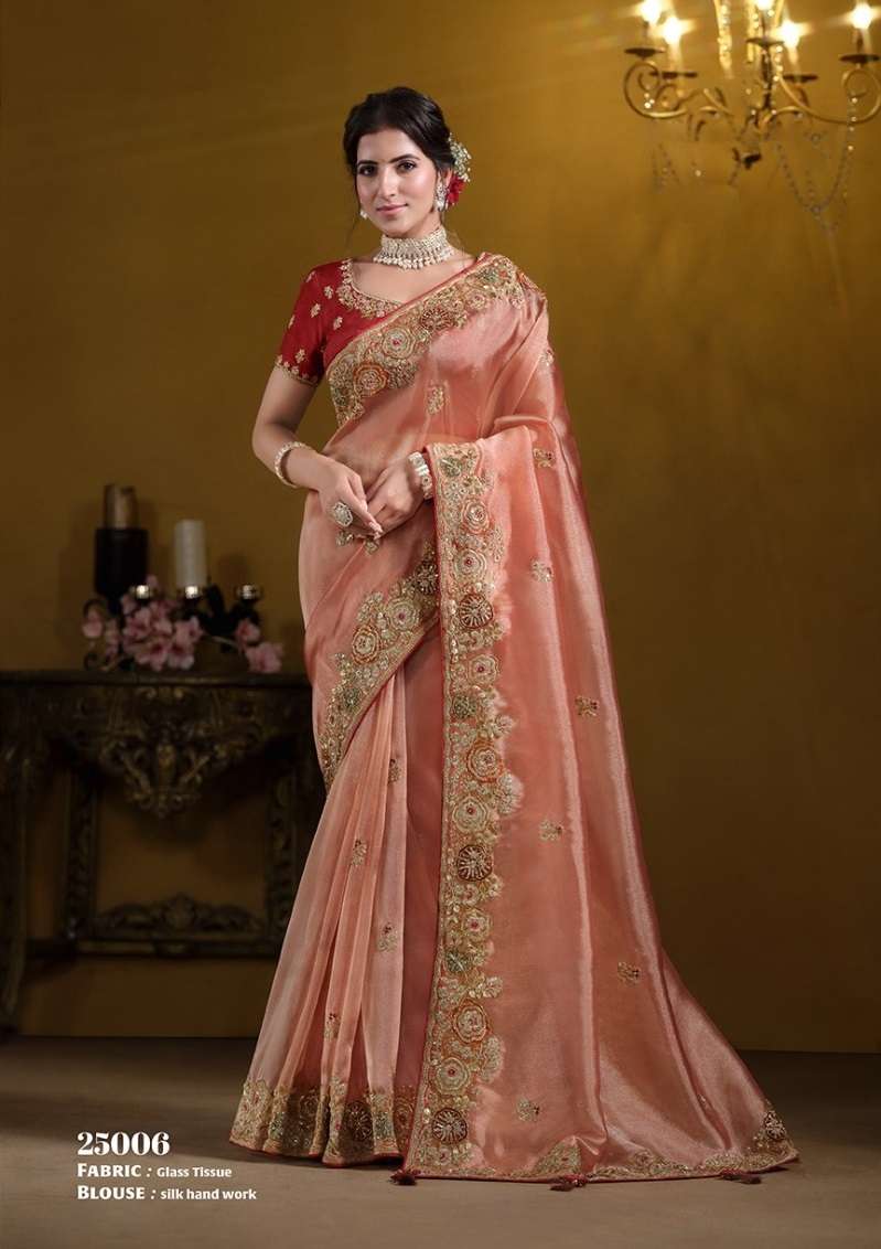 DESIGNER FANCY WEDDING PARTY WEAR ORGNAZA SILK HEAVY ORANGE SAREE WITH HEAVY HAND WORK NVN RAJASVI 25006