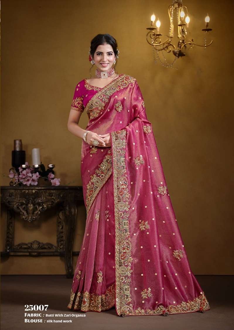 DESIGNER FANCY WEDDING PARTY WEAR ORGNAZA SILK HEAVY RED PINK SAREE WITH HEAVY HAND WORK NVN RAJASVI 25007