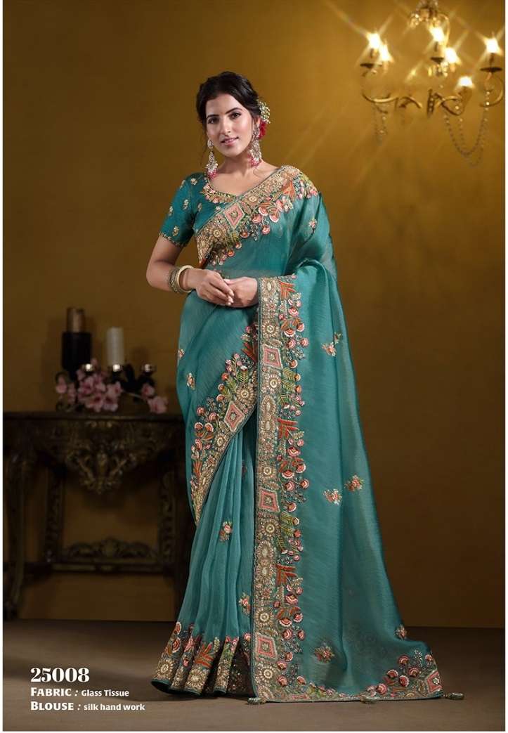DESIGNER FANCY WEDDING PARTY WEAR ORGNAZA SILK HEAVY BLUE SAREE WITH HEAVY HAND WORK NVN RAJASVI 25008