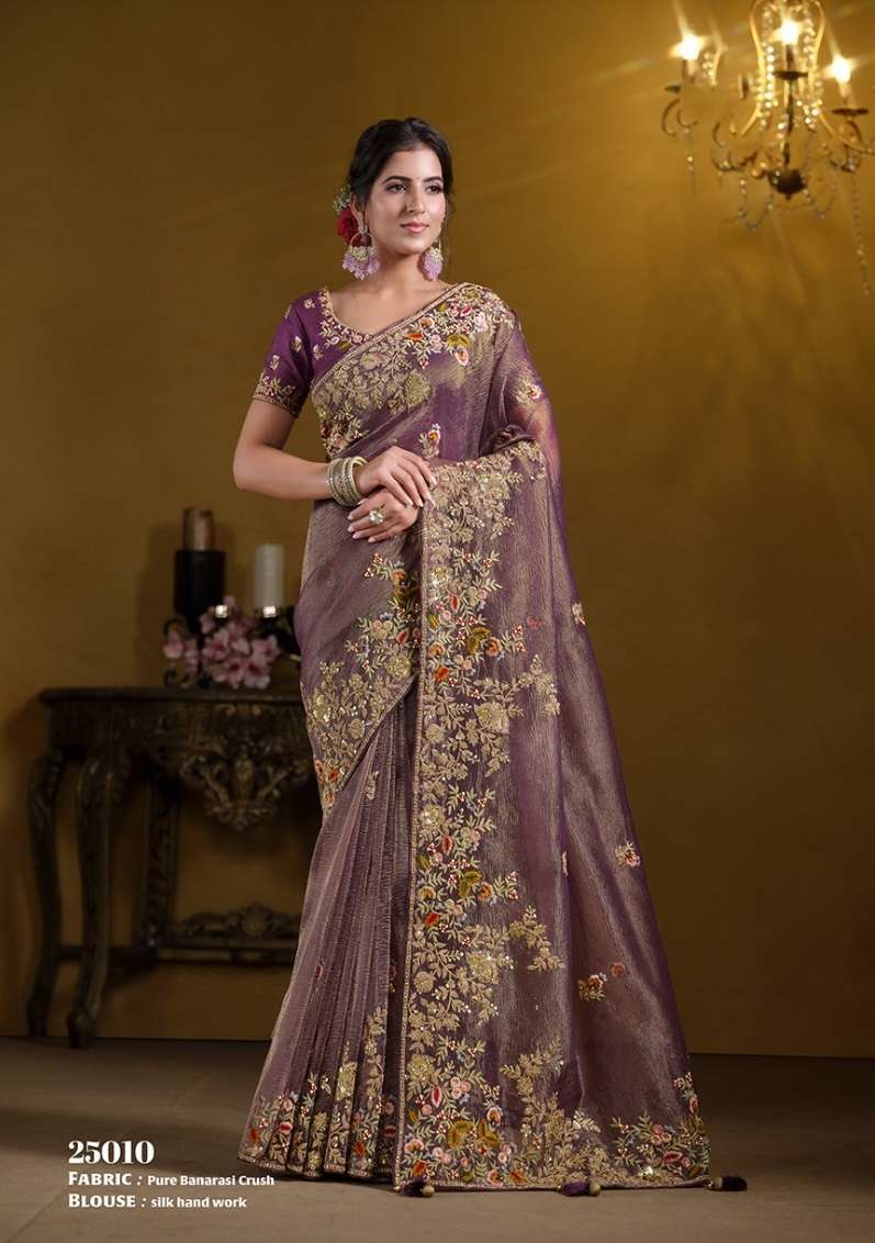 DESIGNER FANCY WEDDING PARTY WEAR ORGNAZA SILK HEAVY PURPLE SAREE WITH HEAVY HAND WORK NVN RAJASVI 25010