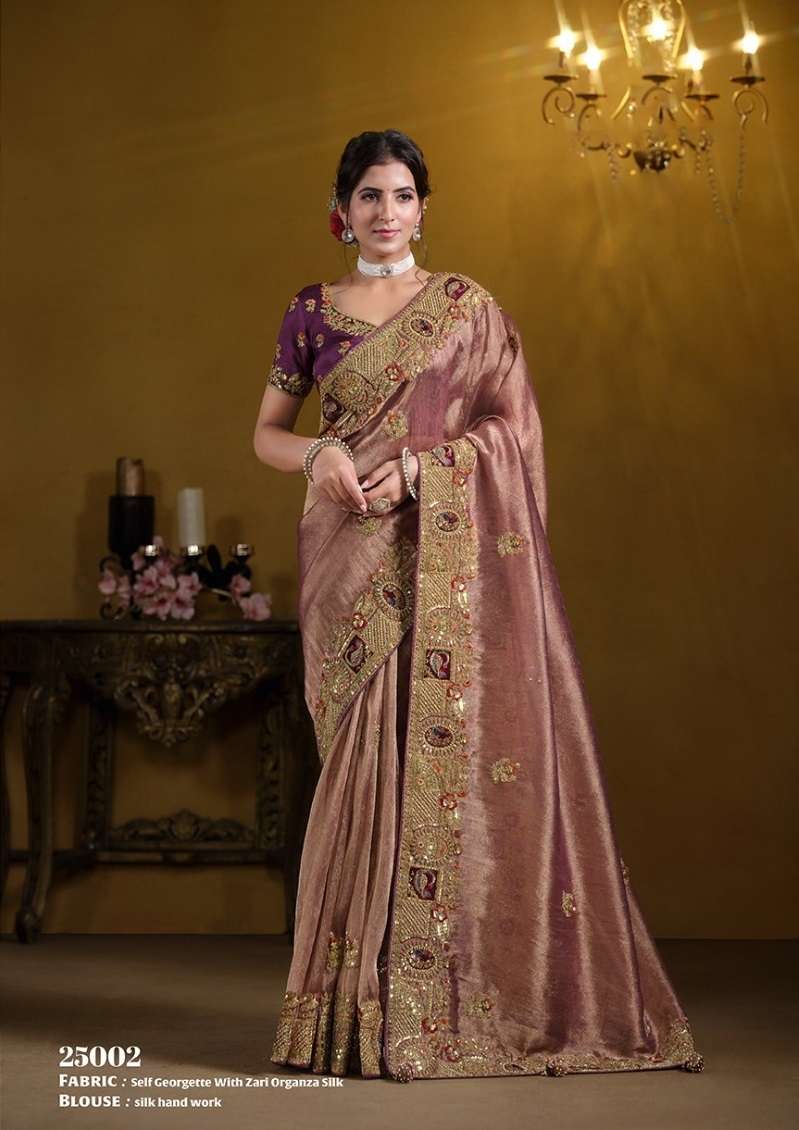 DESIGNER FANCY WEDDING PARTY WEAR ORGNAZA SILK PEACH ORANGE HEAVY SAREE WITH HEAVY HAND WORK NVN RAJASVI 25002