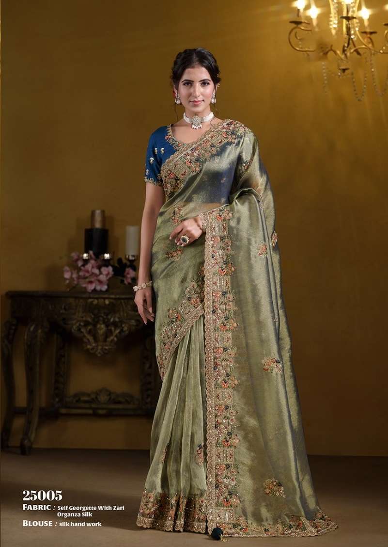 DESIGNER FANCY WEDDING PARTY WEAR ORGNAZA SILK PISTA GREEN HEAVY SAREE WITH HEAVY HAND WORK NVN RAJASVI 25005