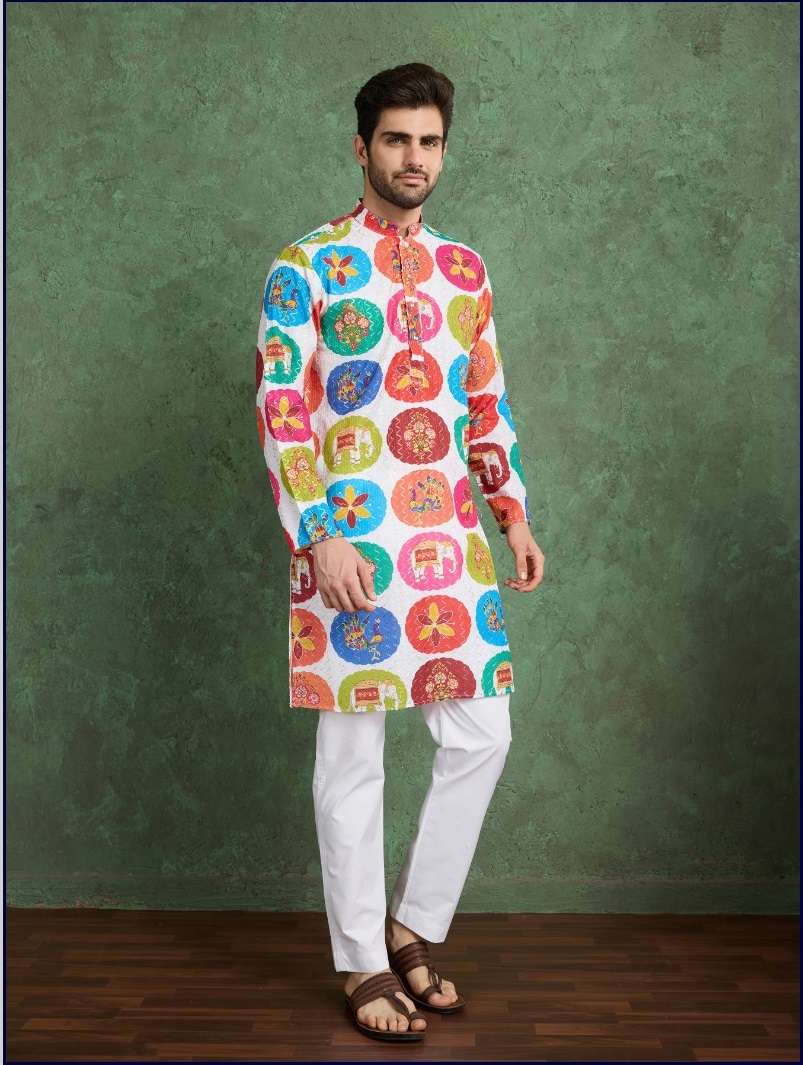 DESIGNER FANCY WEDDING PARTY WEAR READYMADE INDIAN MULTICOLOR MENS RAYON KURTA KF 61141