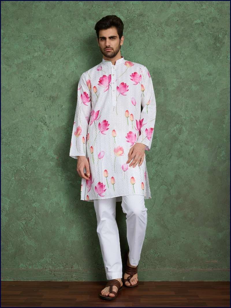DESIGNER FANCY WEDDING PARTY WEAR READYMADE INDIAN WHITE MENS RAYON KURTA KF 61142