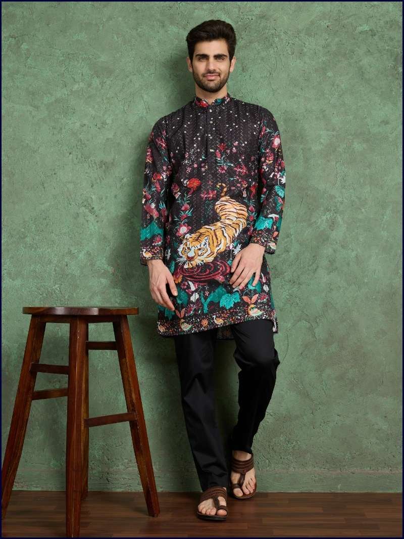 DESIGNER FANCY WEDDING PARTY WEAR READYMADE INDIAN BLACK MENS RAYON KURTA KF 61143