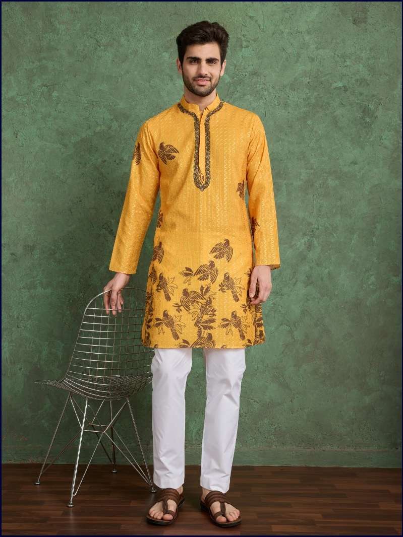 DESIGNER FANCY WEDDING PARTY WEAR READYMADE INDIAN MENS RAYON YELLOW KURTA KF 61145
