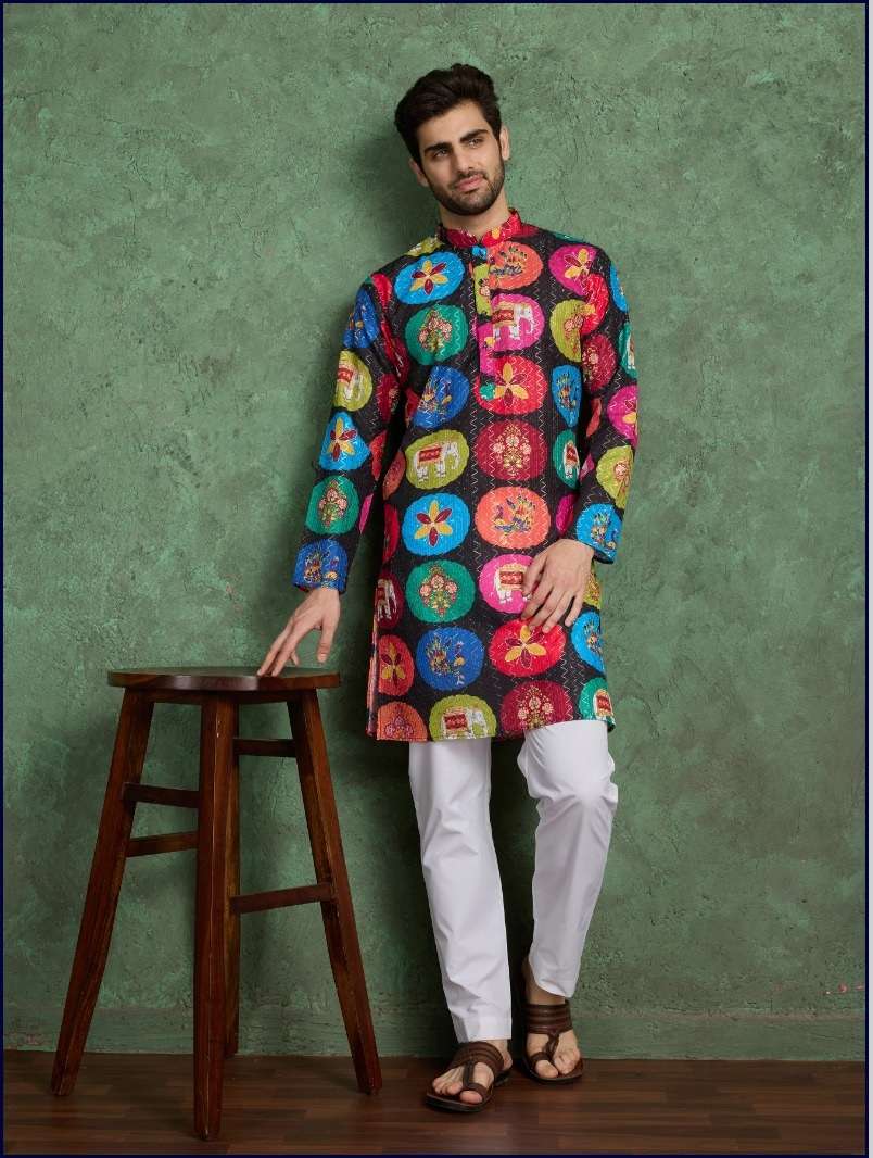 DESIGNER FANCY WEDDING PARTY WEAR READYMADE INDIAN MENS RAYON MULTI COLOR KURTA KF 61146