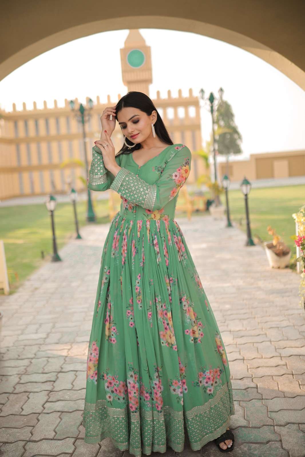 DESIGNER GREEN READYMADE PRINTED ANARKALI GOWN IN FAUX GEORGETTE FABRIC ZARI SEQUENCE WORK KU 1025 B