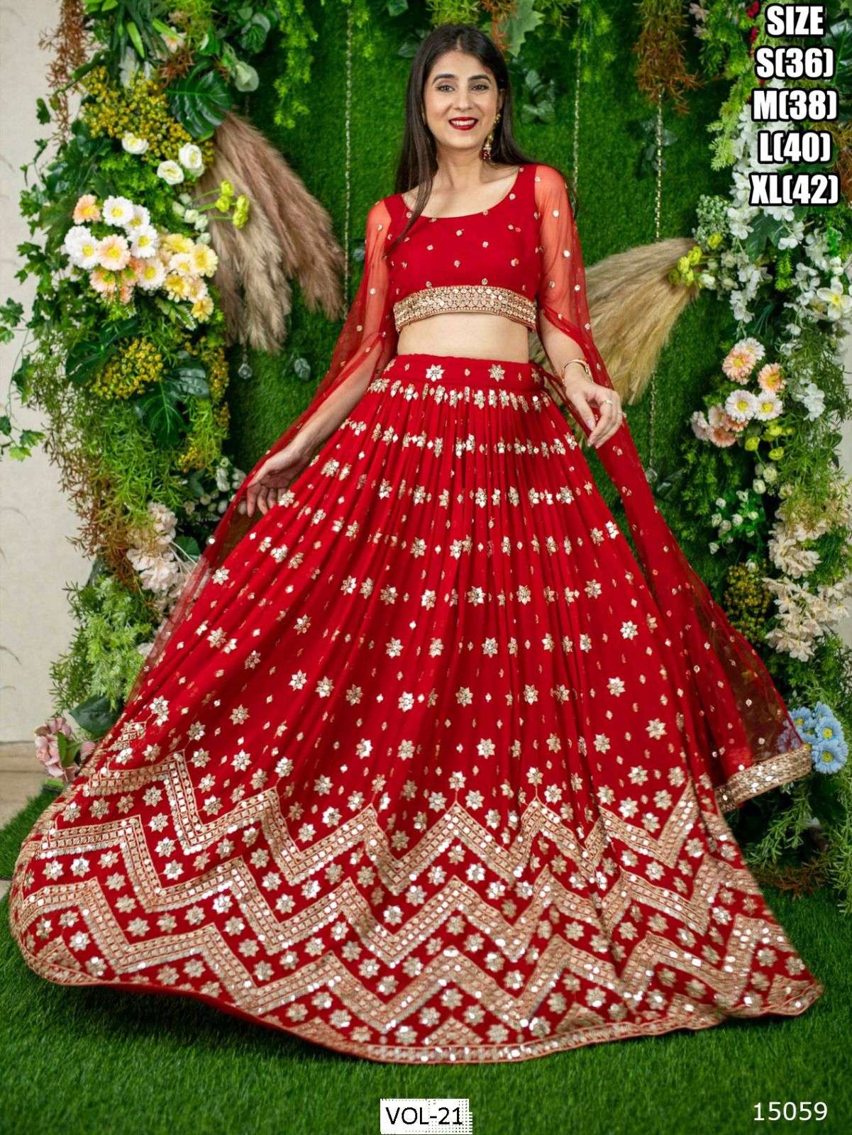 DESIGNER TRENDY STYLISH FANCY PARTY WEAR RED GEORGETTE LEHENGA CHOLI ZL 15059