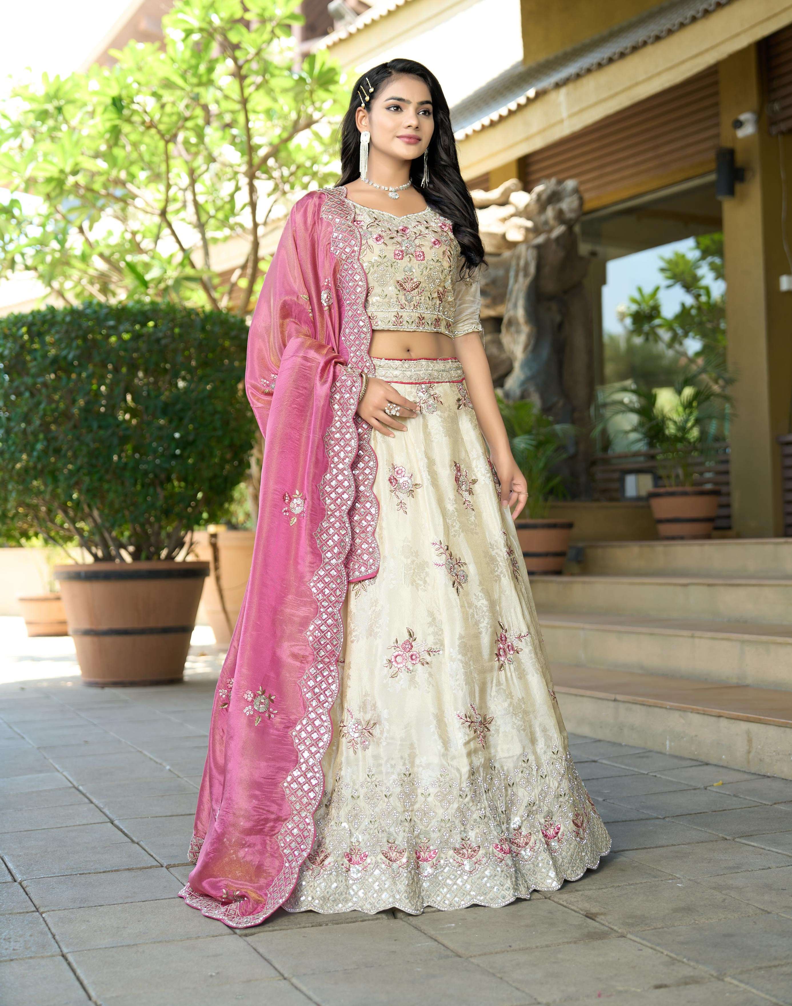 DESIGNER WEDDING BRIDAL WEAR HEAVY COSMOS JACQUARD SILK WHITE LEHENGA CHOLI COLLECTION NT ANANTESH 5045
