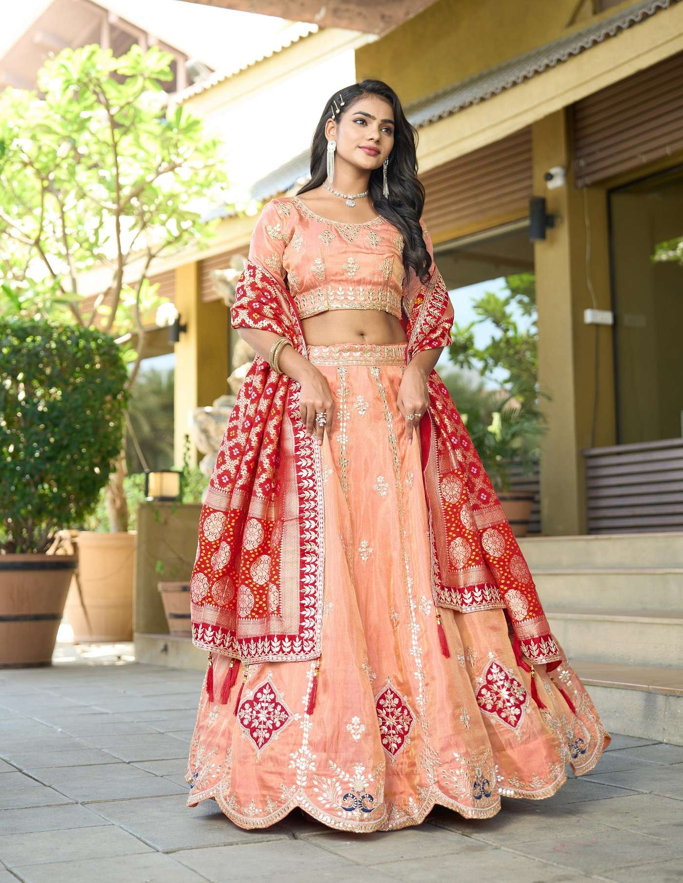 DESIGNER WEDDING BRIDAL WEAR HEAVY COSMOS VISCOSE PEACH LEHENGA CHOLI COLLECTION NT ANANTESH 5043