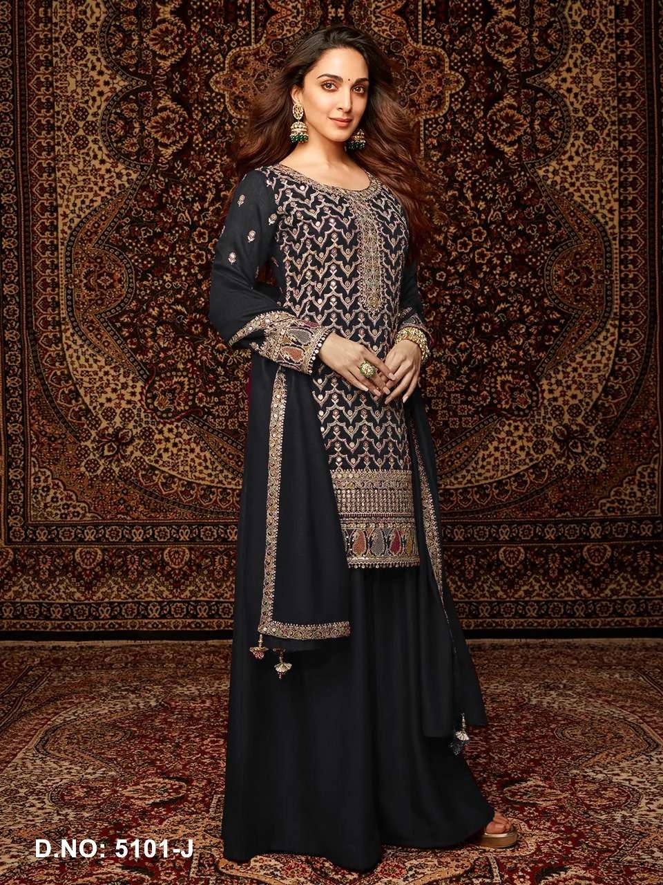 DESIGNER WEDDING PARTY WEAR CHINON BLACK SHARARA PALLAZO SALWAR SUIT HT 5101 J