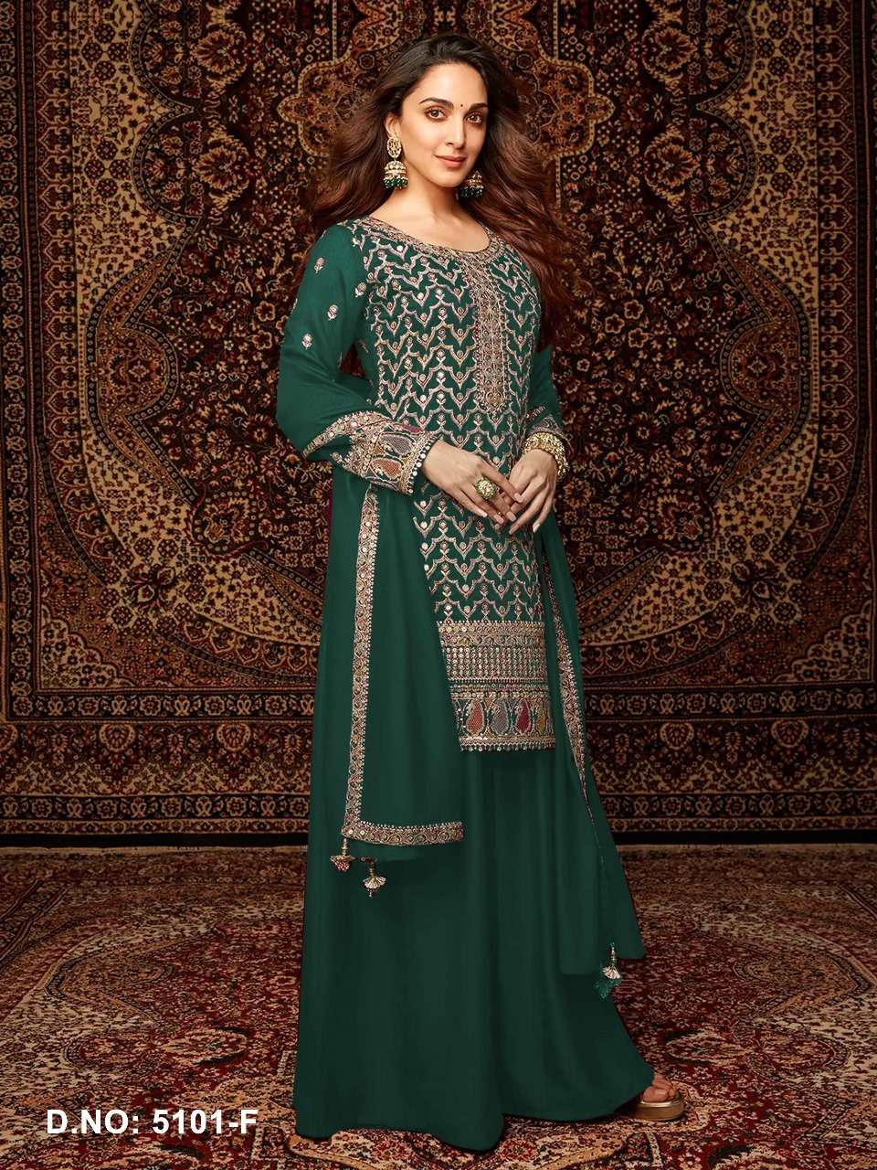 DESIGNER WEDDING PARTY WEAR CHINON GREEN SHARARA PALLAZO SALWAR SUIT HT 5101 D
