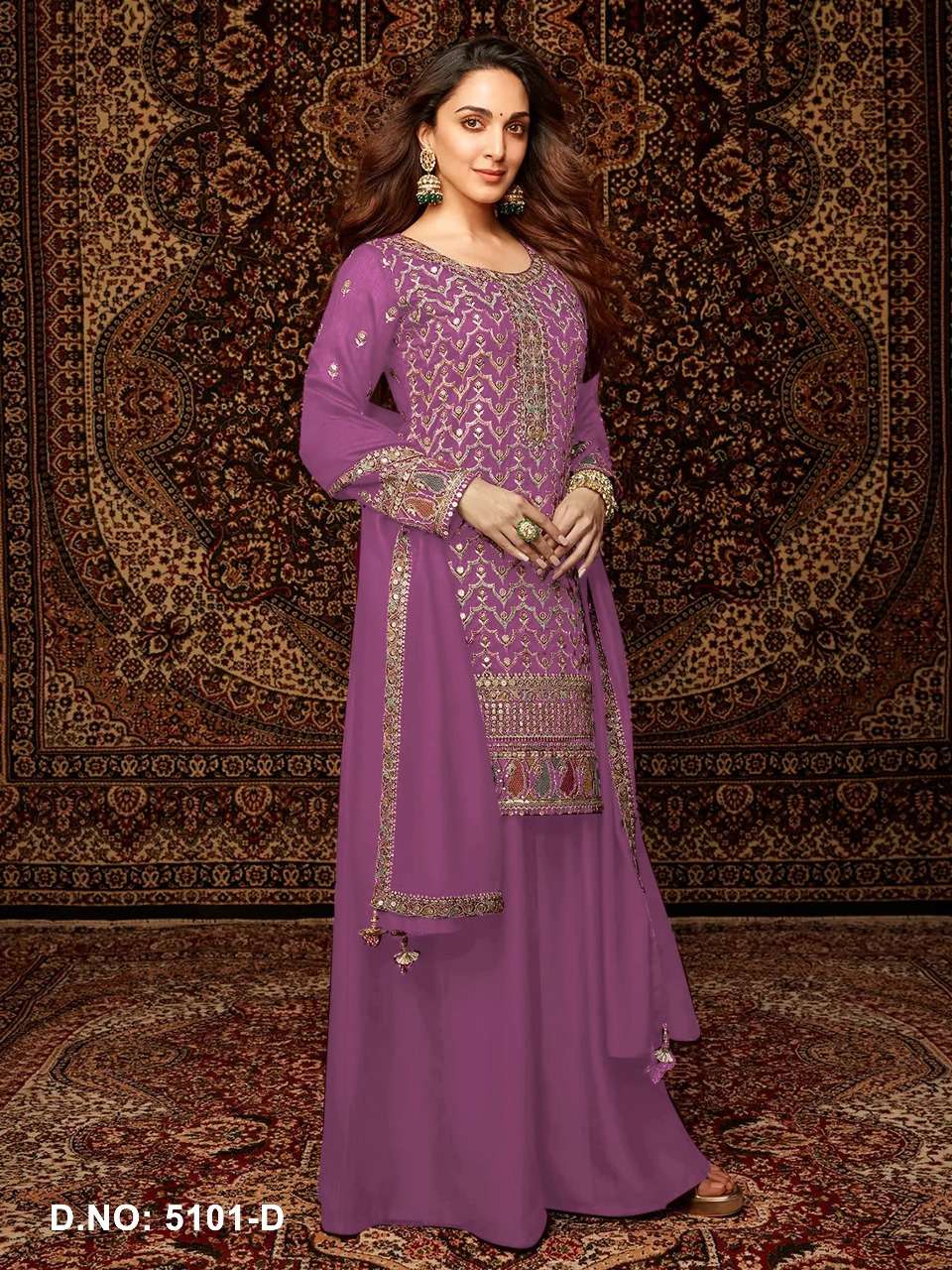 DESIGNER WEDDING PARTY WEAR CHINON PURPLE SHARARA PALLAZO SALWAR SUIT HT 5101 D