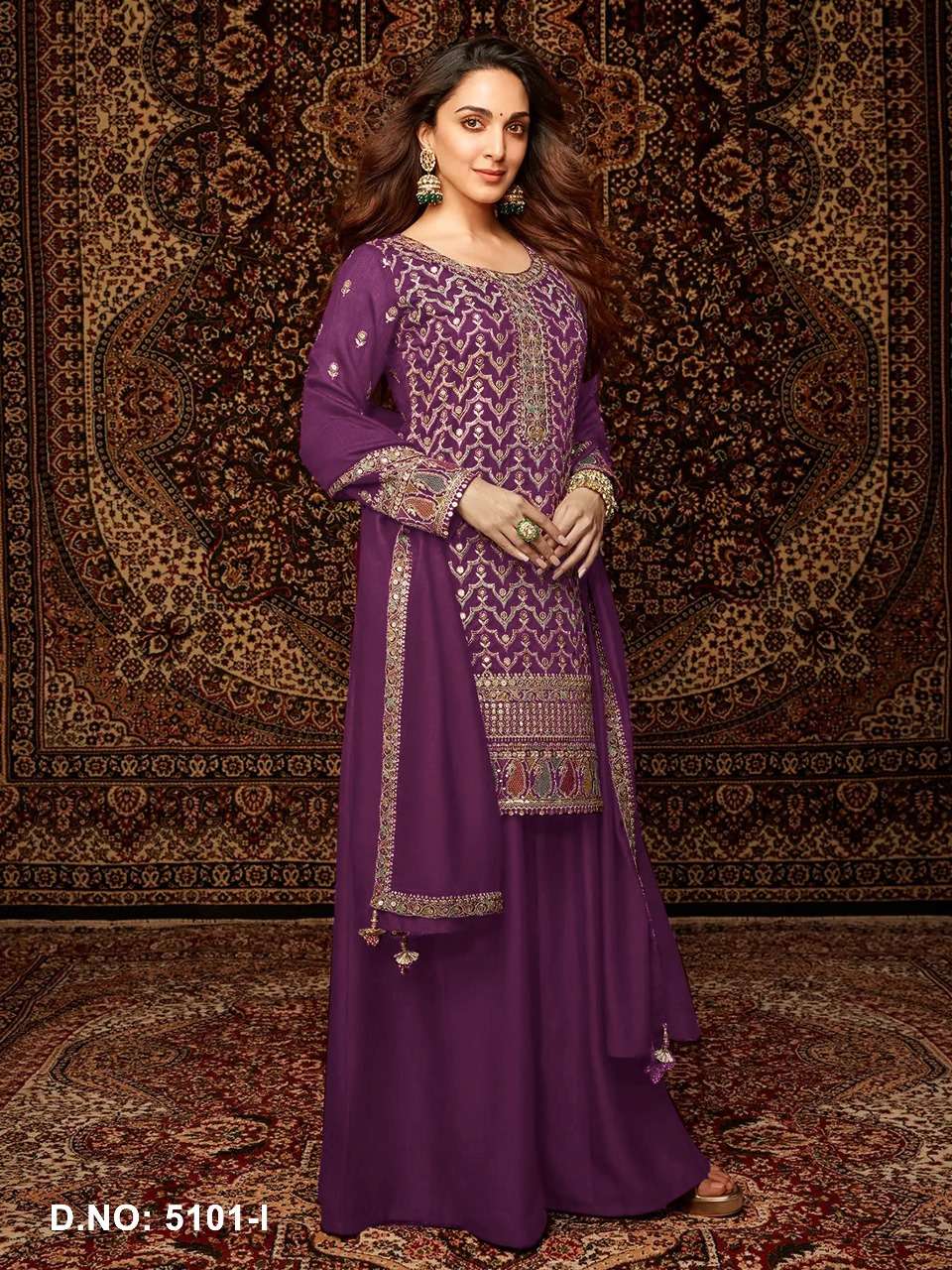 DESIGNER WEDDING PARTY WEAR CHINON PURPLE SHARARA PALLAZO SALWAR SUIT HT 5101 I