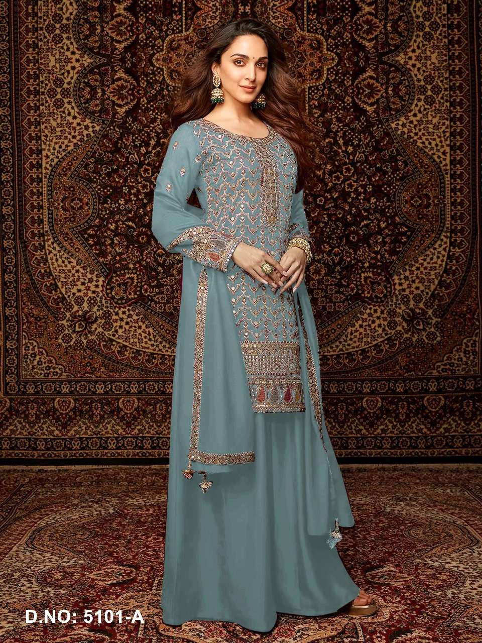 DESIGNER WEDDING PARTY WEAR CHINON SHARARA AQUA BLUE PALLAZO SALWAR SUIT HT 5101 A