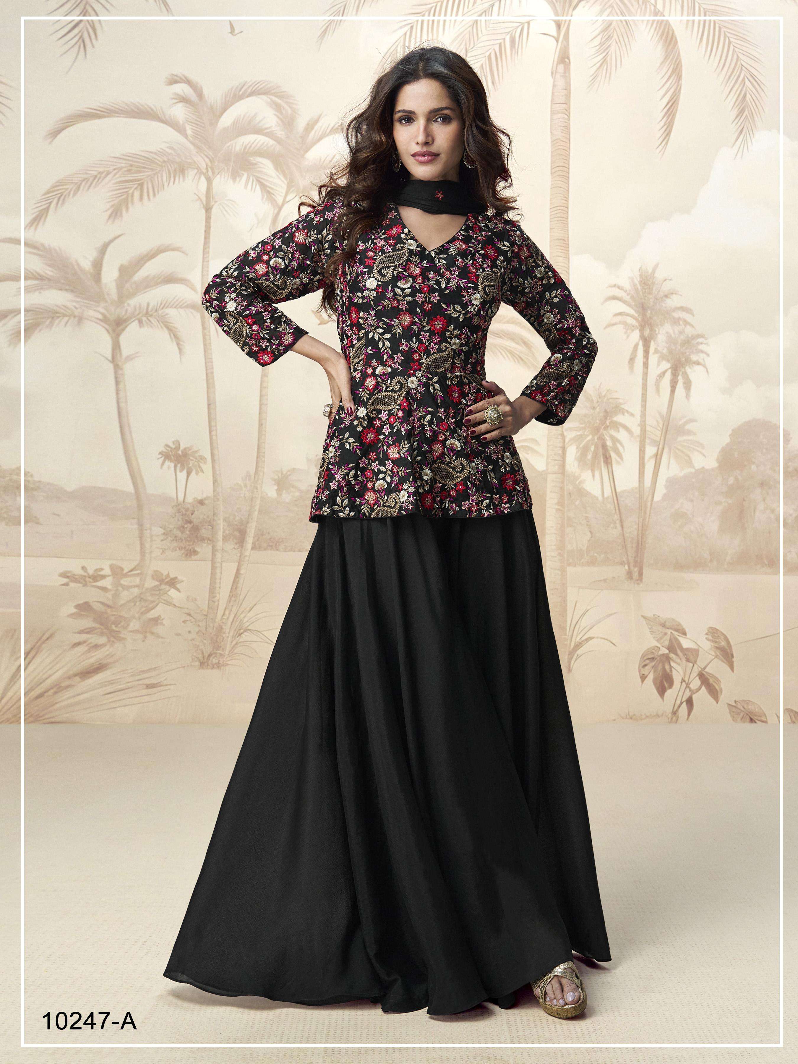 DESIGNER WEDDING PARTY WEAR CHINON SILK BLACK SHARARA SALWAR SUIT JG JIVIKA 10247 A