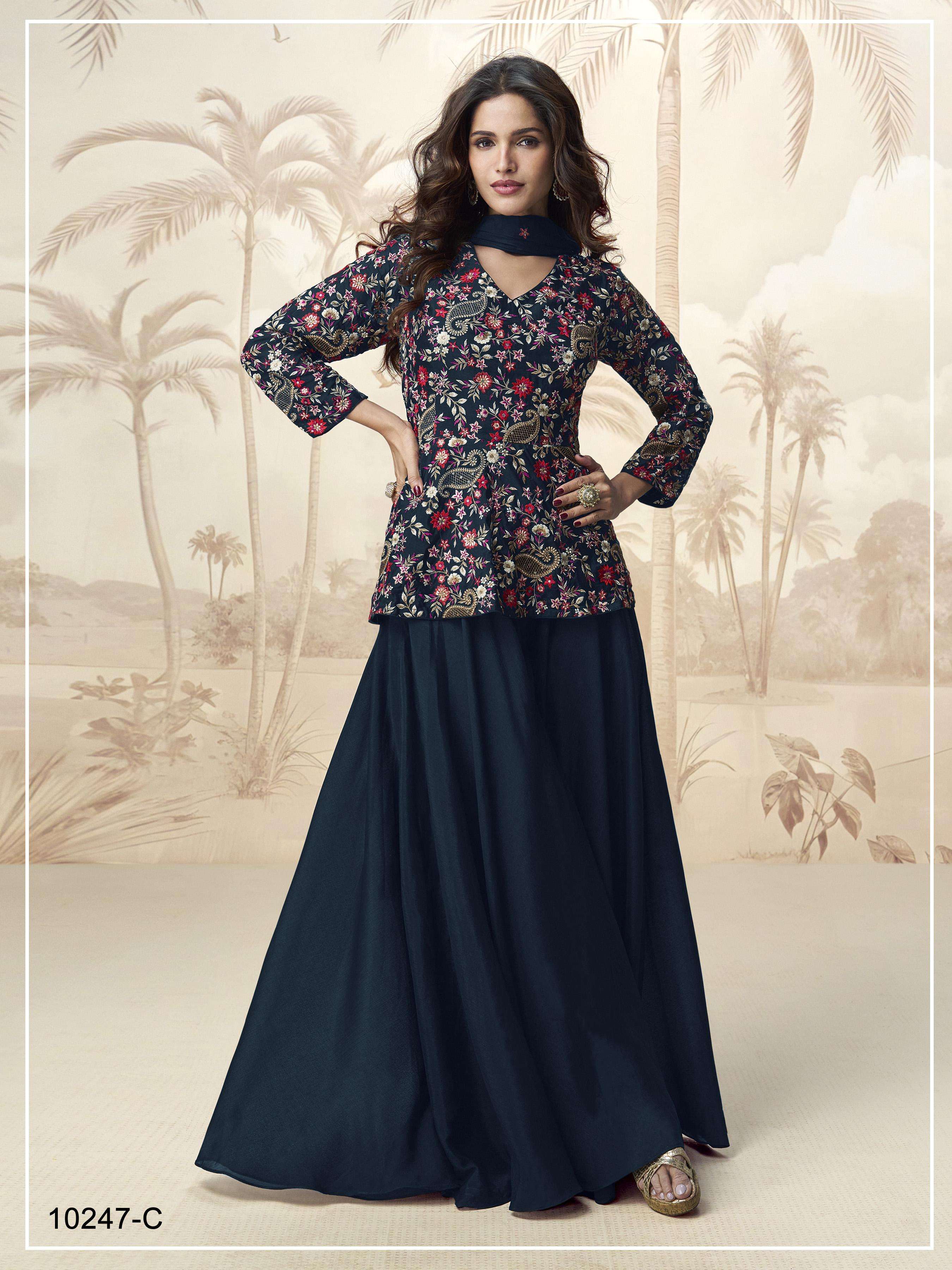 DESIGNER WEDDING PARTY WEAR CHINON SILK BLUE SHARARA SALWAR SUIT JG JIVIKA 10247 C