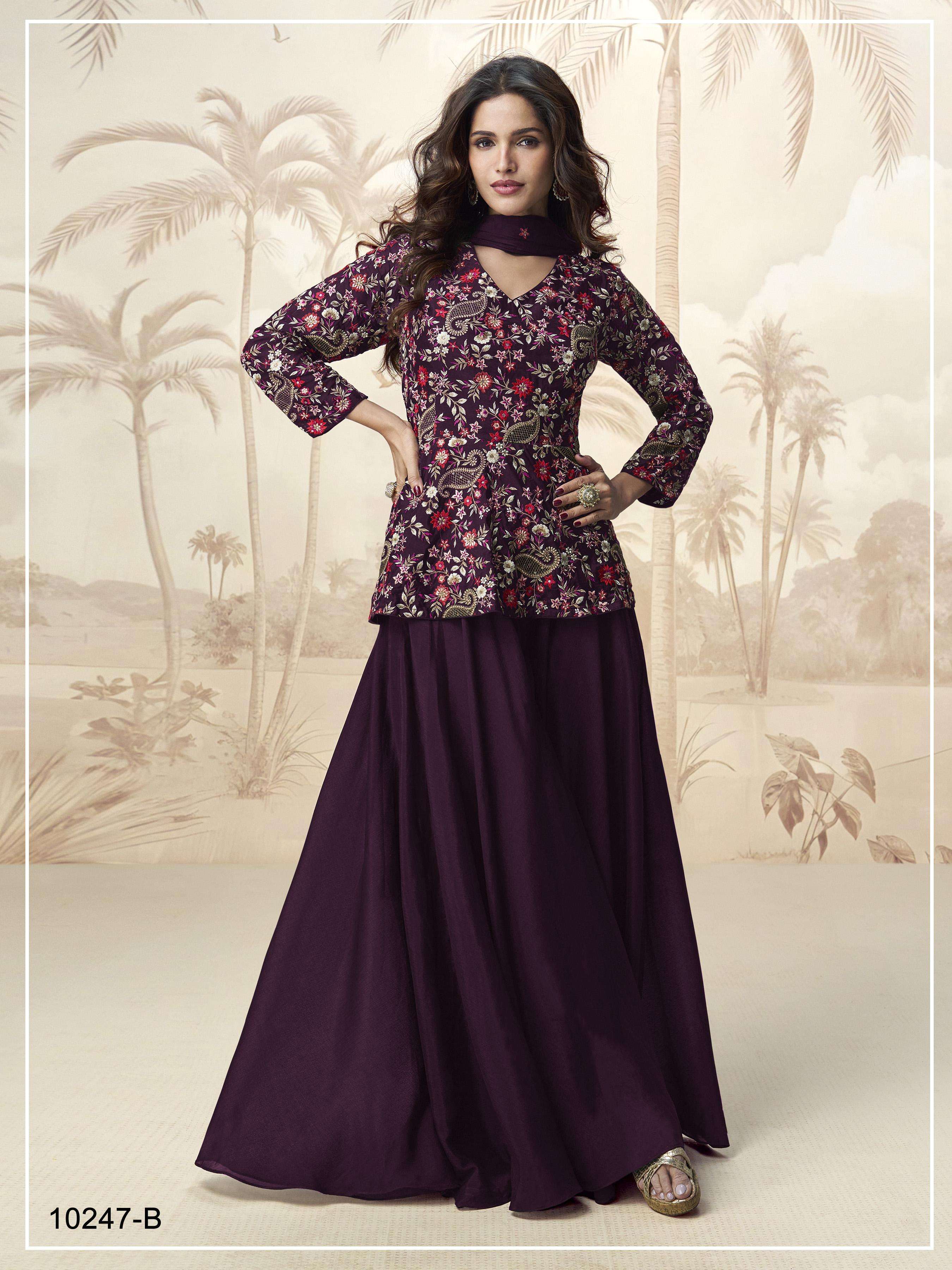 DESIGNER WEDDING PARTY WEAR CHINON SILK PURPLE SHARARA SALWAR SUIT JG JIVIKA 10247 B